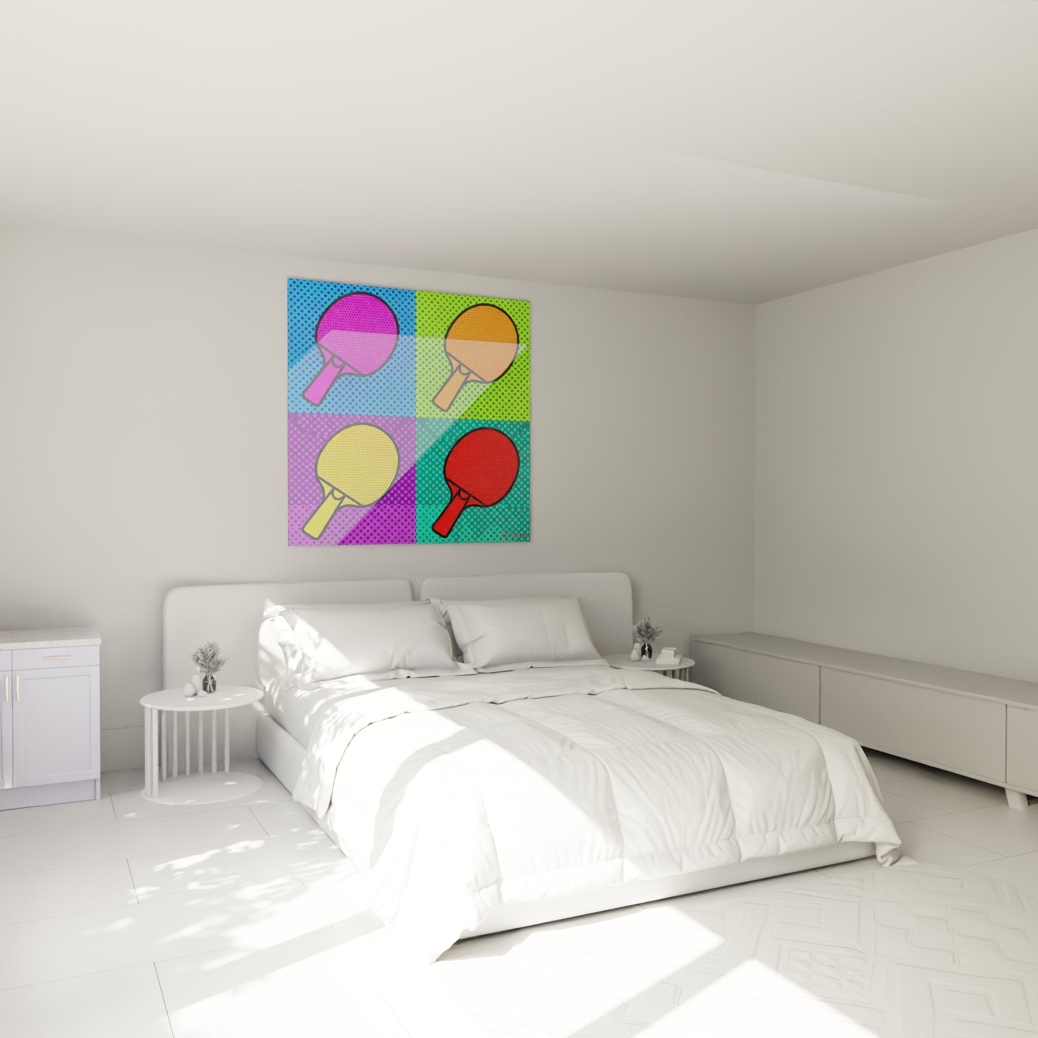 Tableau pop art raquettes ping pong multicolore décorant une chambre moderne aux murs blancs