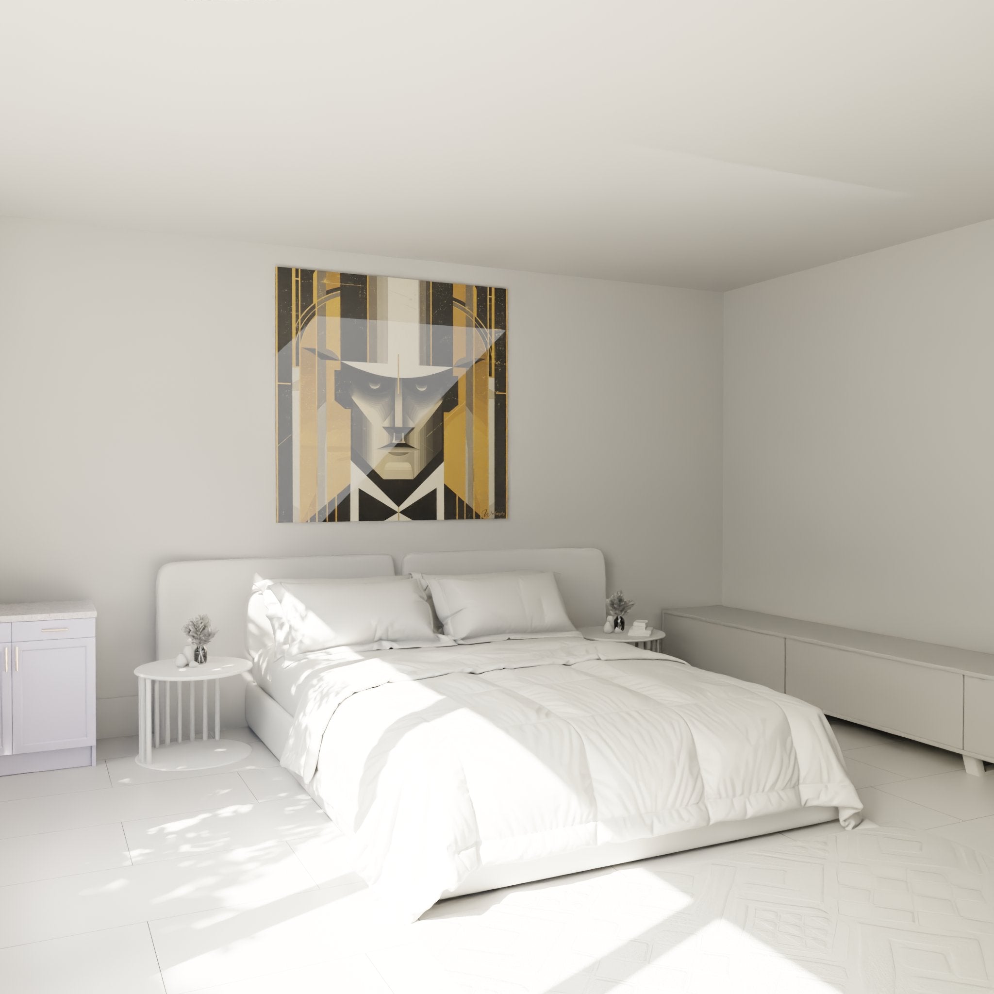 Geometric art deco golden portrait elegantly decorating a modern bedroom with neutral tones