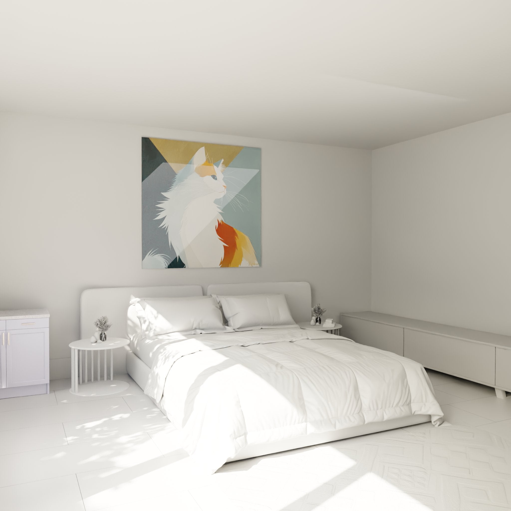 Tableau chat Turkish Van orange blanc dans chambre moderne decoration murale artistique contemporaine
