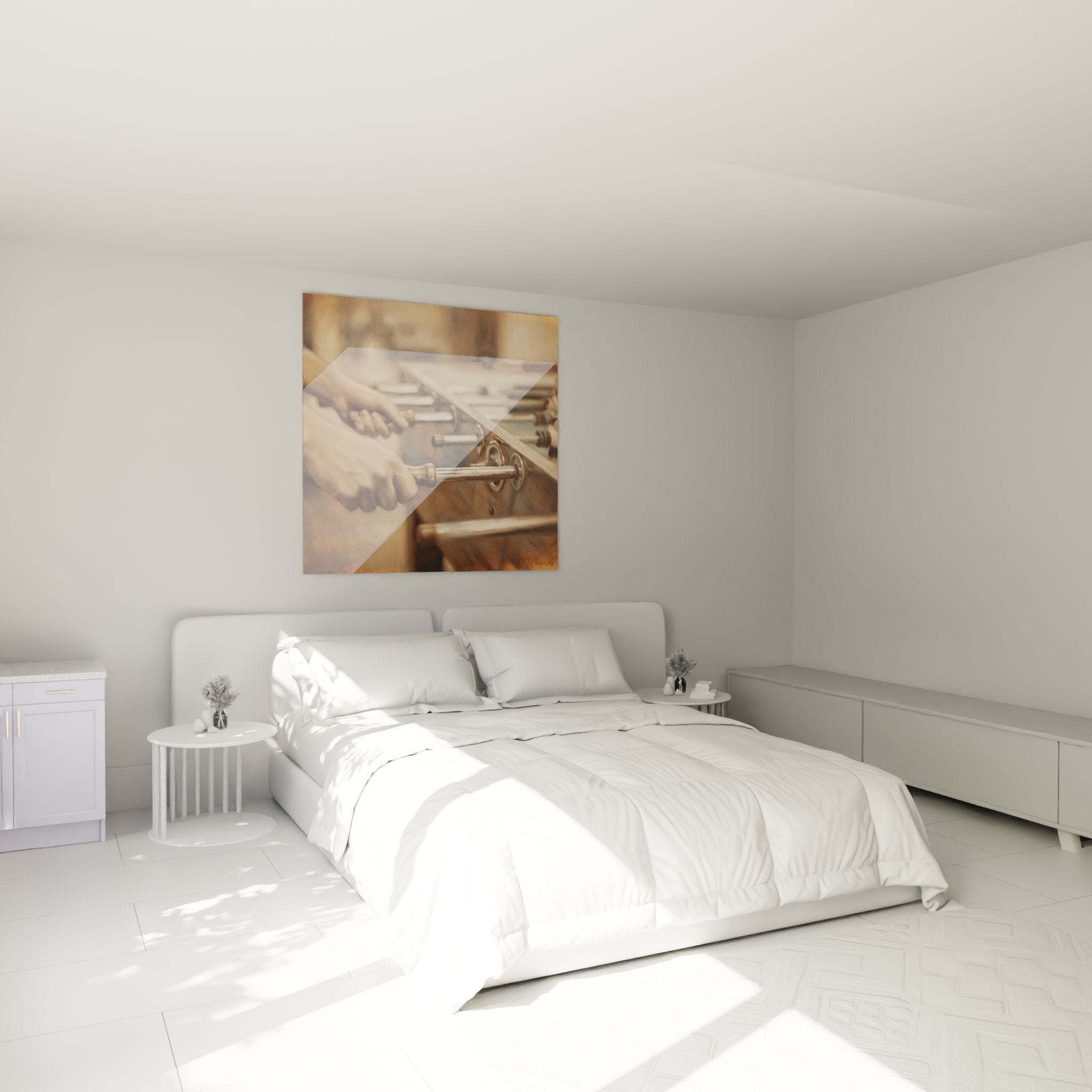 Decoration murale babyfoot vintage integree harmonieusement dans chambre moderne avec tons chaleureux