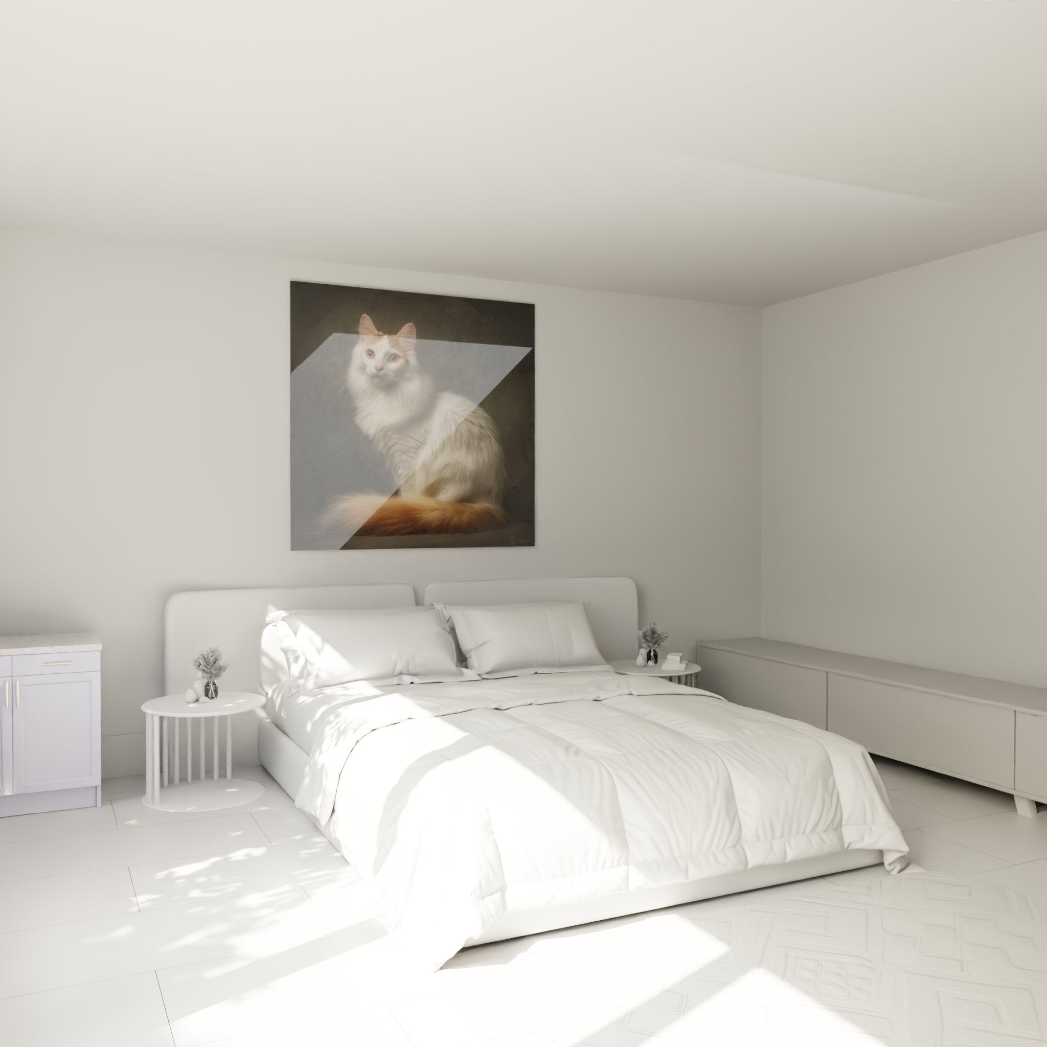 Decoration murale chat Turkish Van dans chambre moderne, tableau felin blanc et roux ambiance cosy
