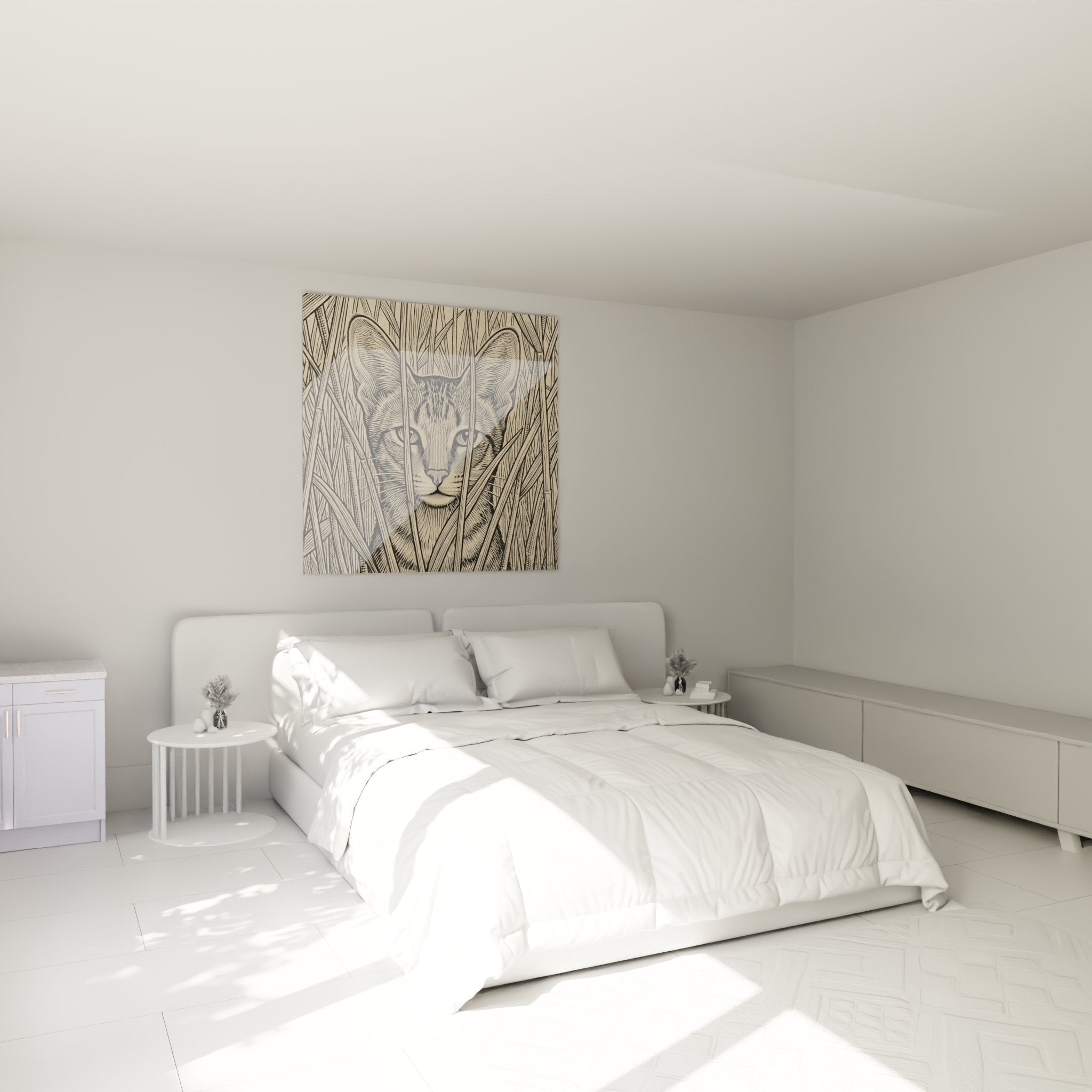 Décoration chambre avec tableau chat dans roseaux, art mural félin style gravure vintage sur mur beige