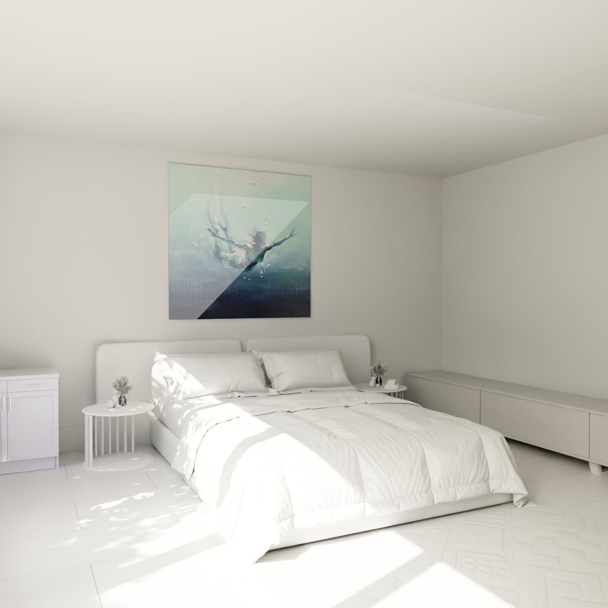 Underwater diver wall art decorating a modern bedroom with soothing oceanic color palette