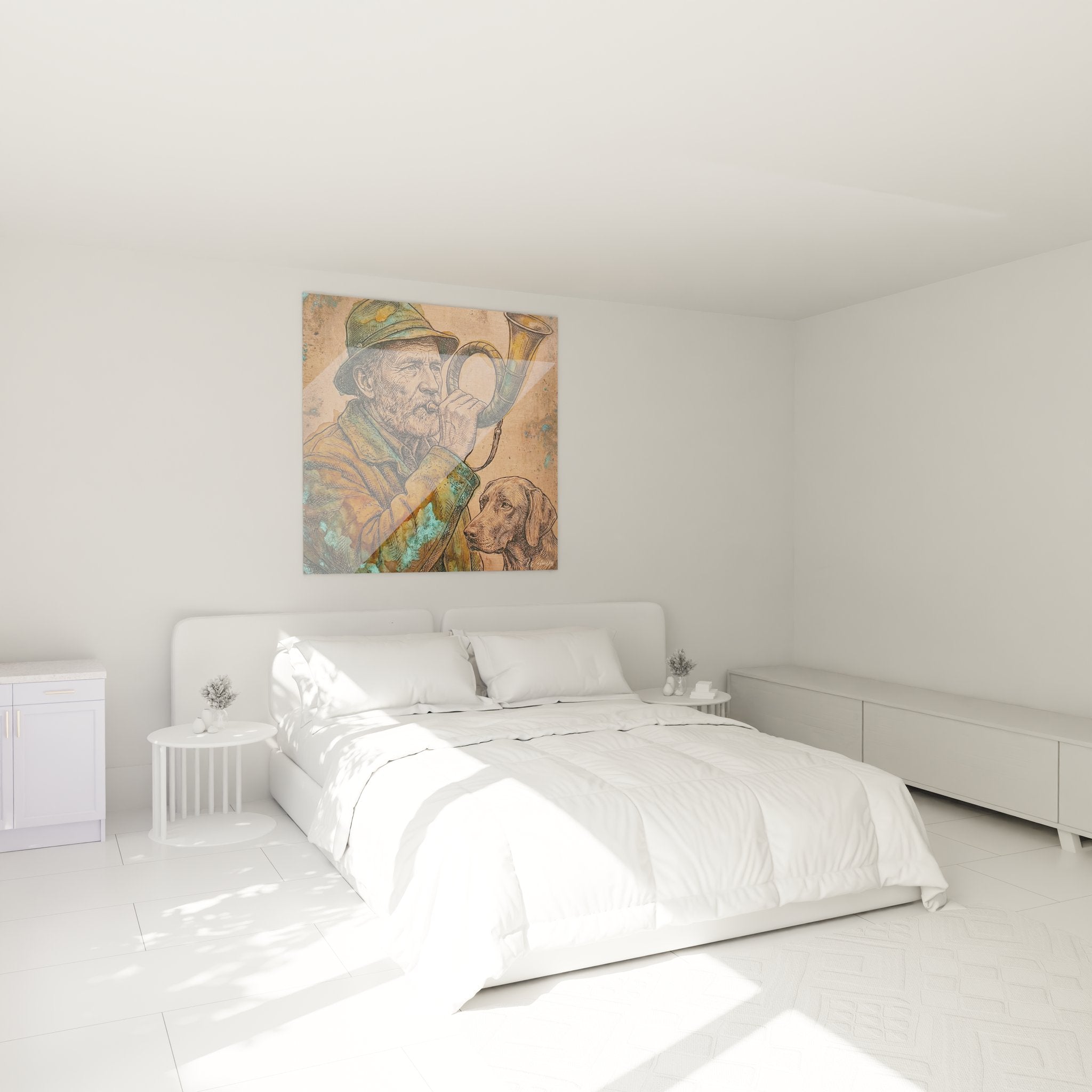 Decoration murale chasseur au cor dans chambre rustique ambiance chasse traditionnelle art vintage