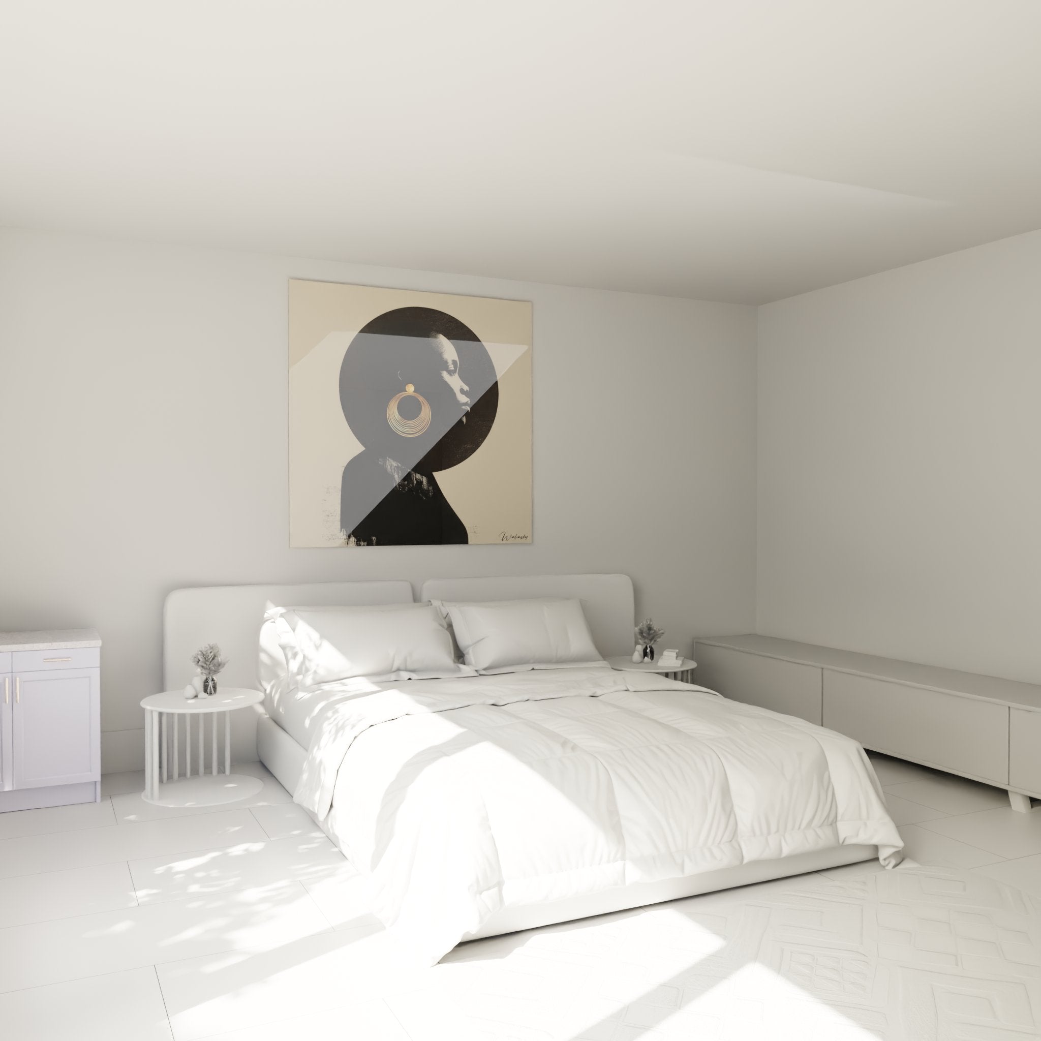 Decorazione camera da letto con quadro profilo donna africana con gioielli dorati in atmosfera moderna ed elegante