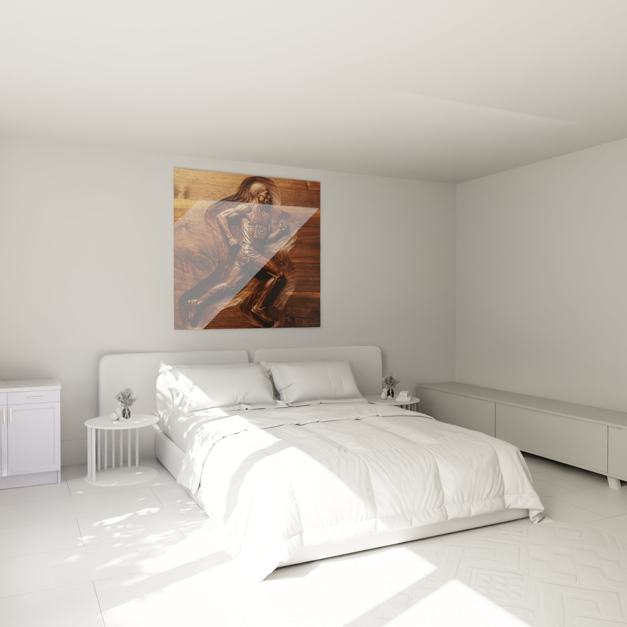 Decorazione murale corridore sprint legno in camera moderna, atmosfera sportiva elegante per appassionati di atletica