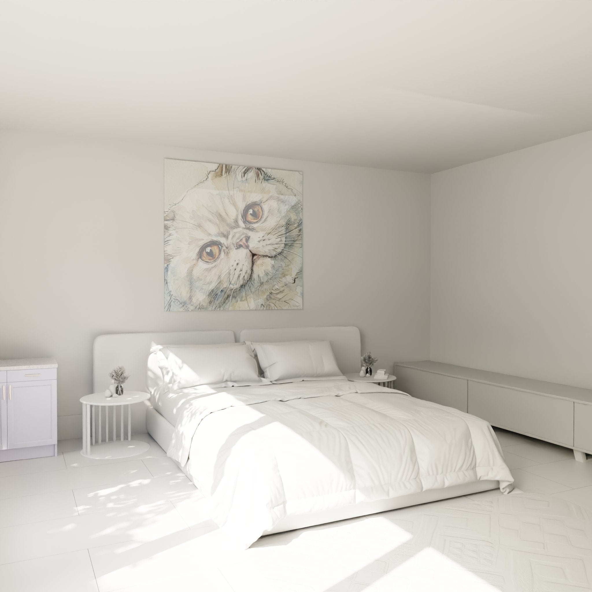 Schlafzimmerdekoration mit Gemälde Exotic Shorthair Katze Aquarell, sanfte und beruhigende Atmosphäre