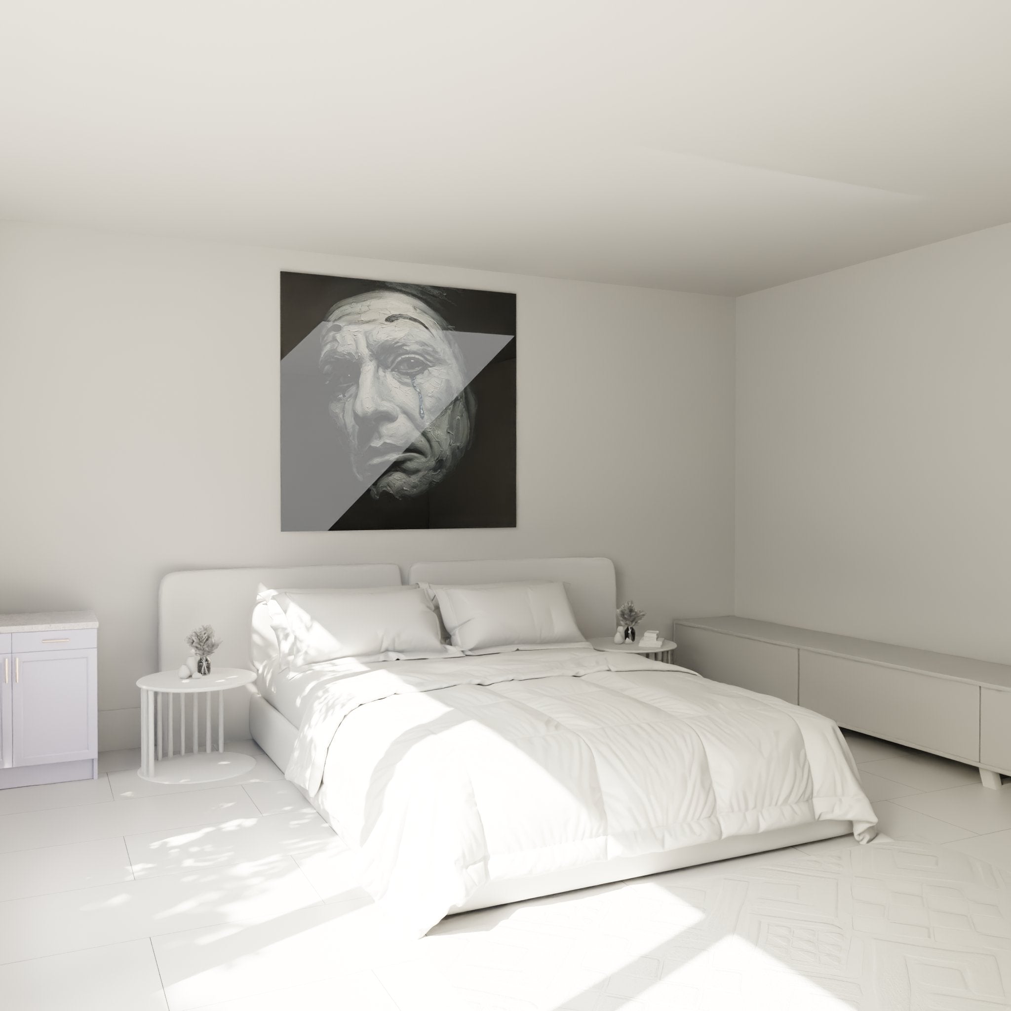 Quadro clown malinconico appeso alla parete camera da letto, decorazione artistica circo atmosfera intima bianco nero