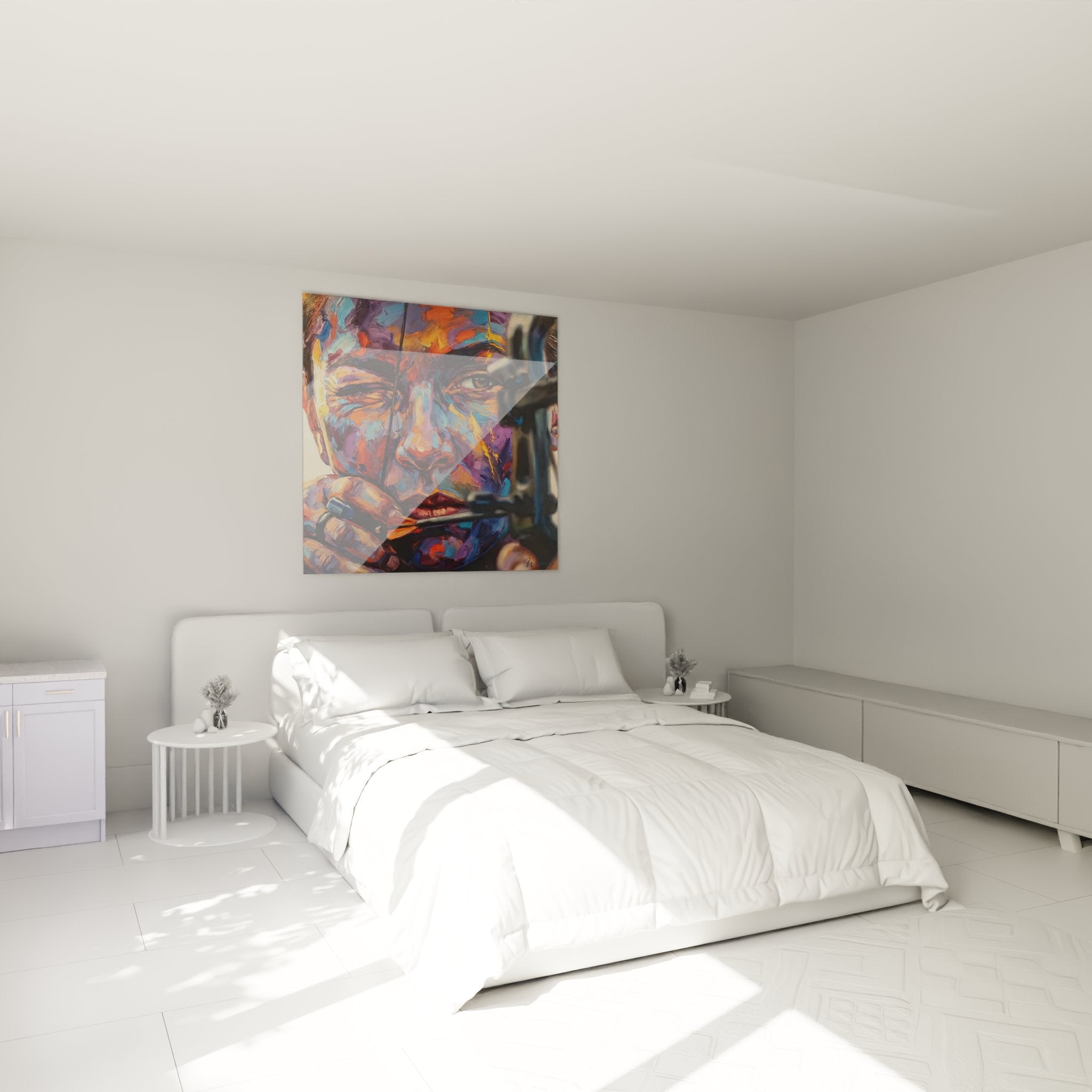 Portrait archer coloré dans chambre moderne - Décoration murale tir à l'arc ambiance contemporaine