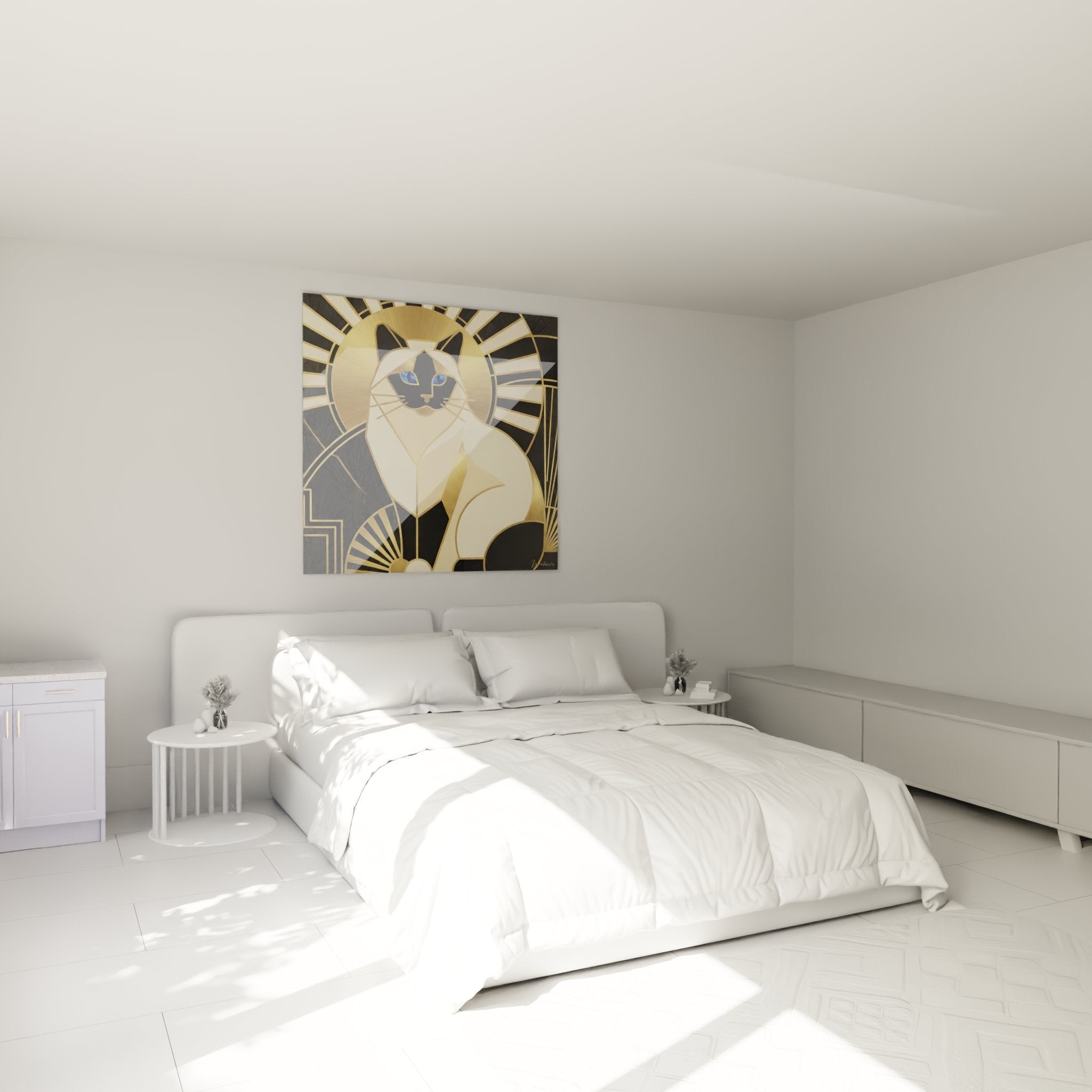 Burmese cat art deco golden artwork installed in a modern bedroom with refined decoration