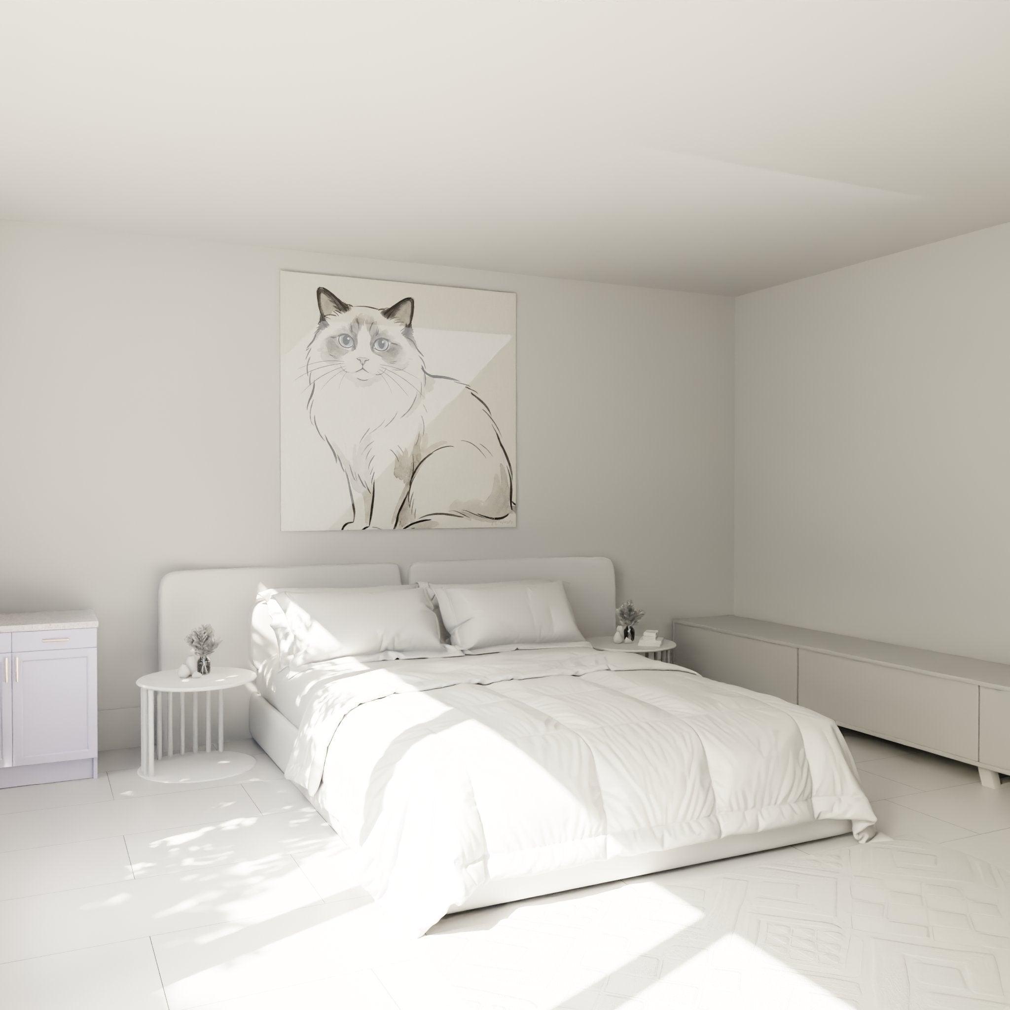 Decorazione murale gatto Ragdoll acquerello in camera moderna, quadro felino sopra il letto design contemporaneo