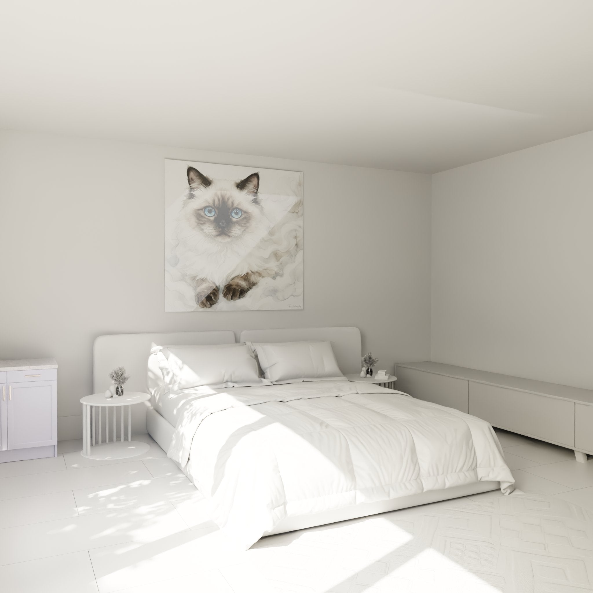Bedroom decoration with Himalayan cat painting blue eyes, soft and soothing ambiance