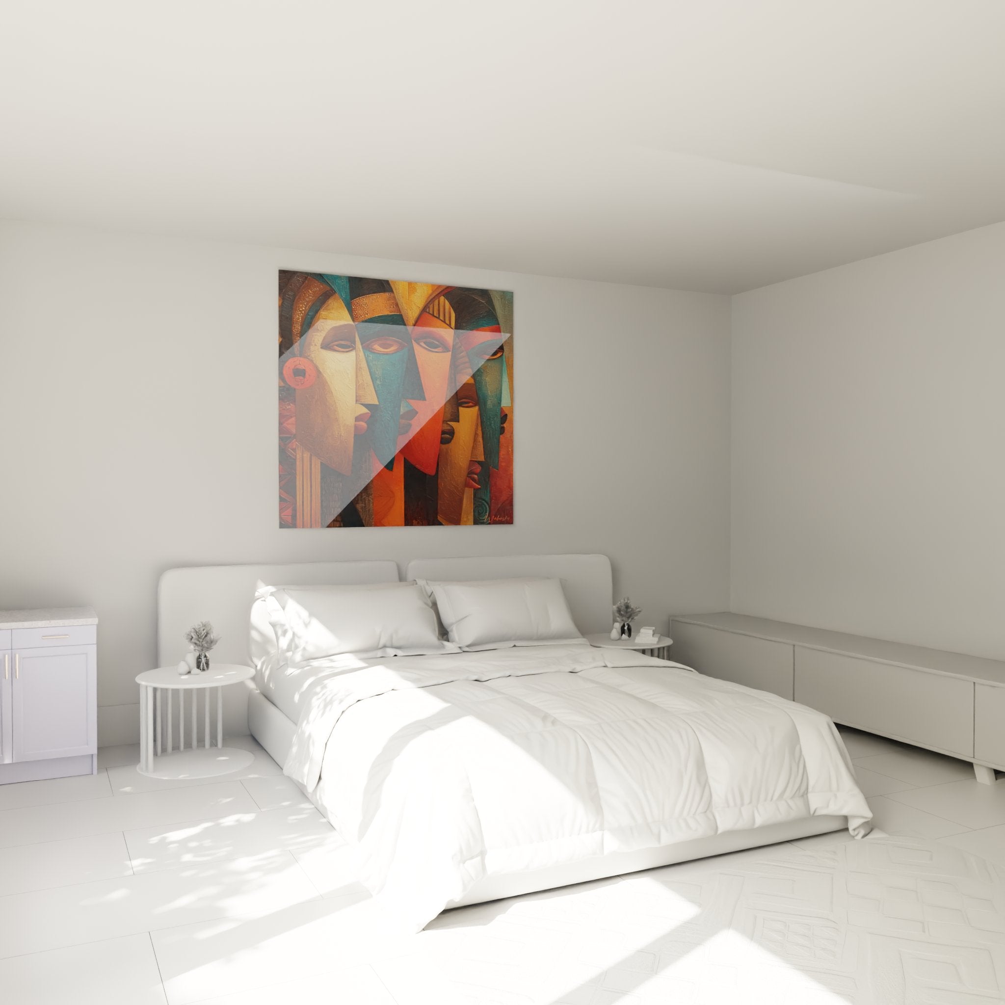 Stylized African masks wall art elegantly decorating a modern bedroom with neutral tones