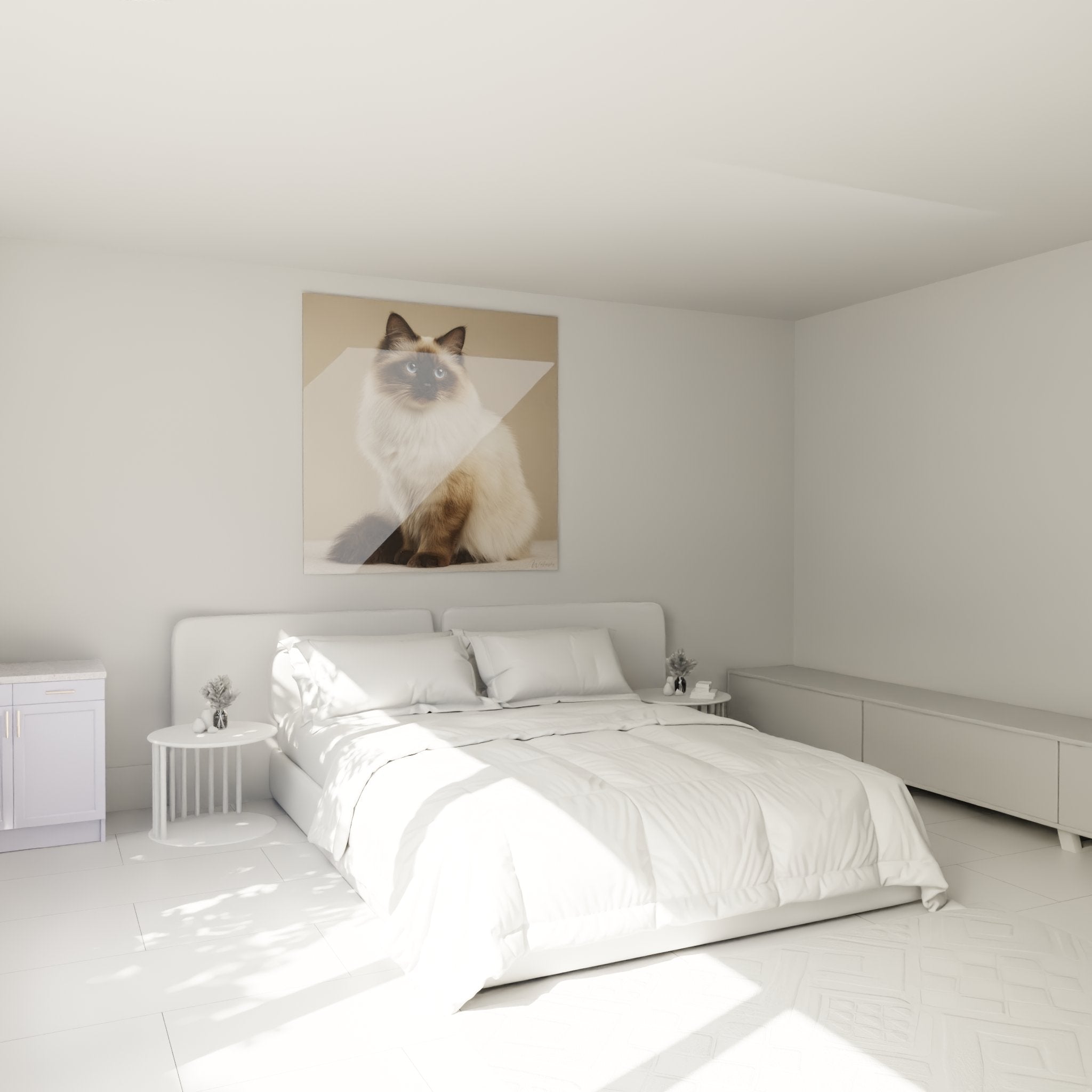 Birman cat painting with blue eyes in modern bedroom, soothing wall art peaceful cozy atmosphere