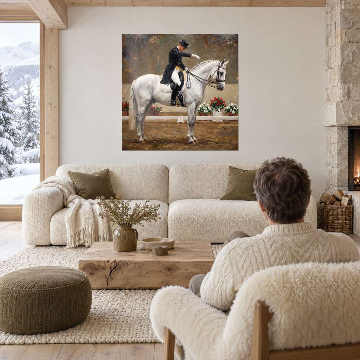 Cuadro jinete con frac negro saludando, caballo tordo rodado y geranios rojos, encima de un sofá en un salón luminoso