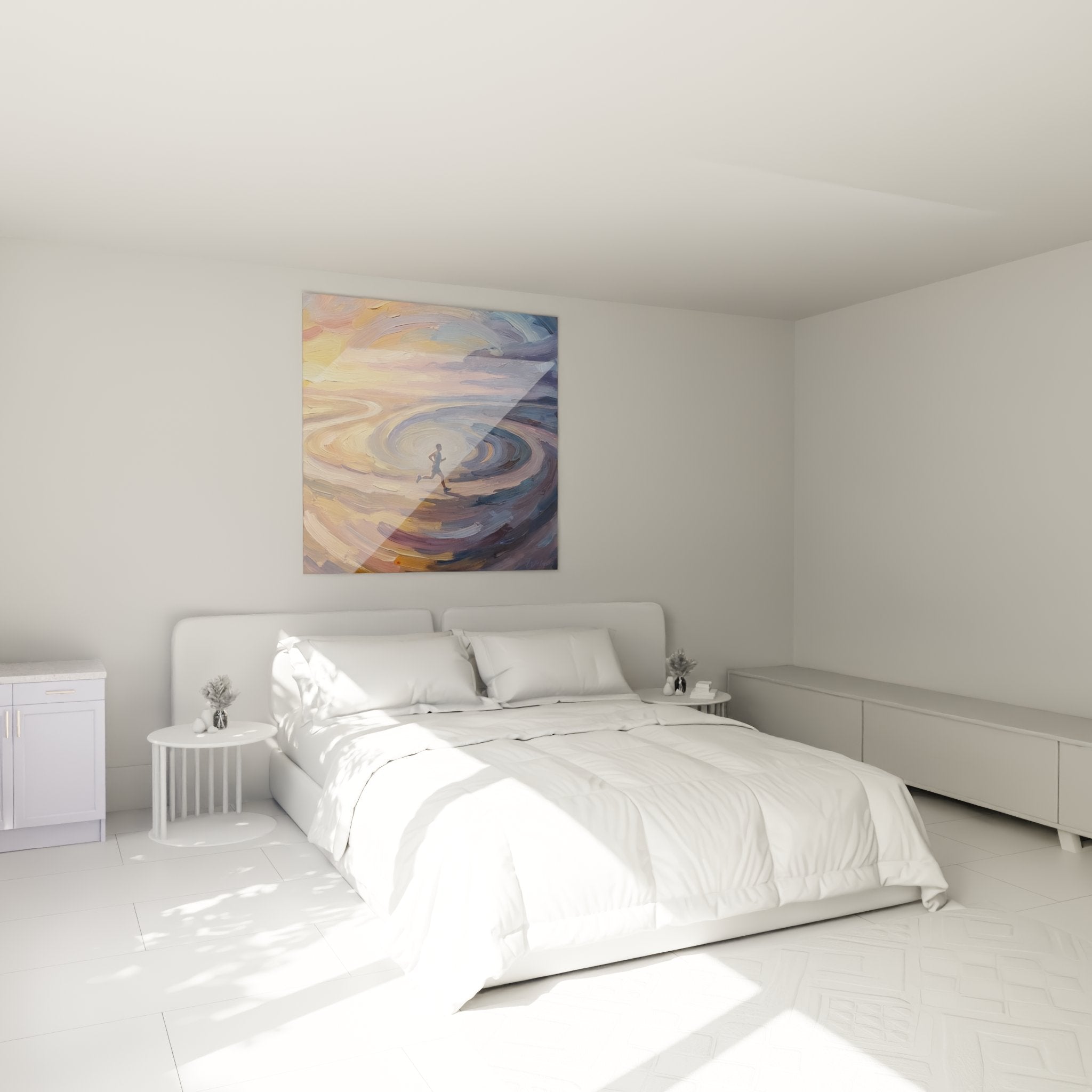 Wall decor bedroom with spiral cosmic runner artwork, calming artistic and sports atmosphere