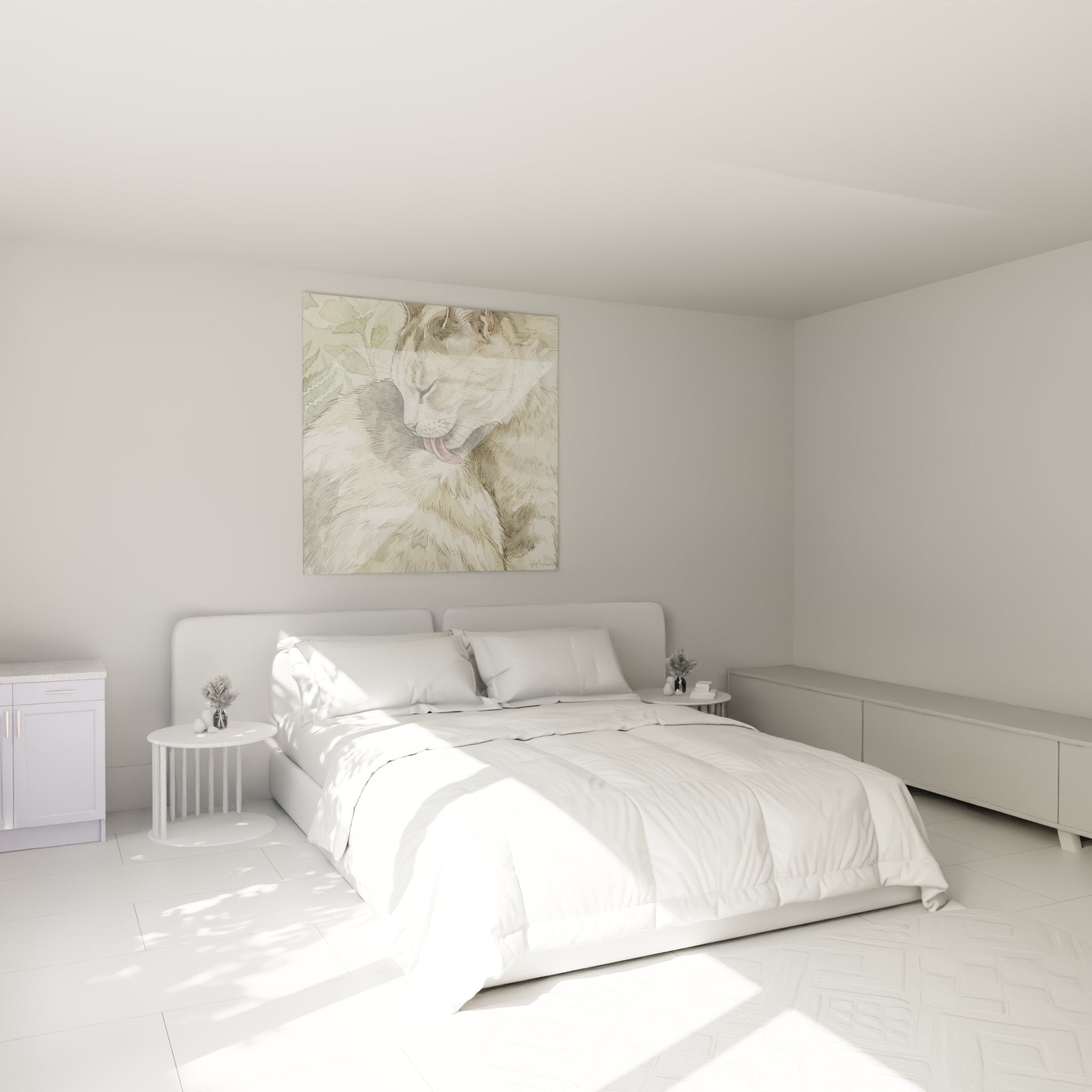 Decorazione murale gatto Manx acquerello installata in una camera moderna con toni neutri e rilassanti