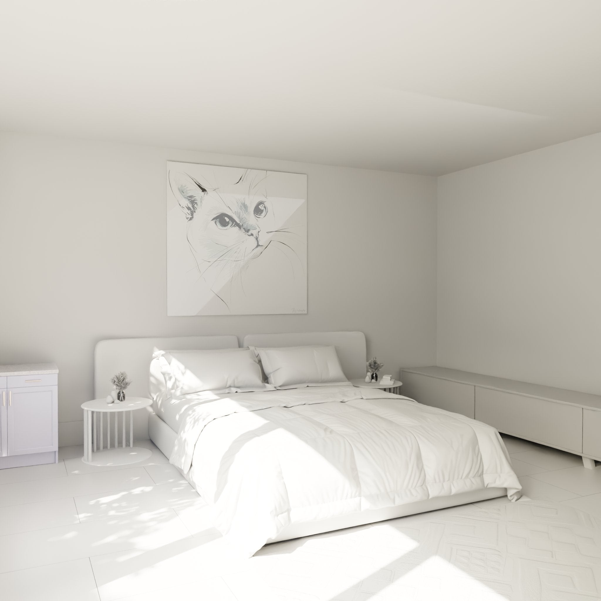 Artistic portrait of Burmilla cat in modern bedroom, elegant minimalist black and white wall art decoration