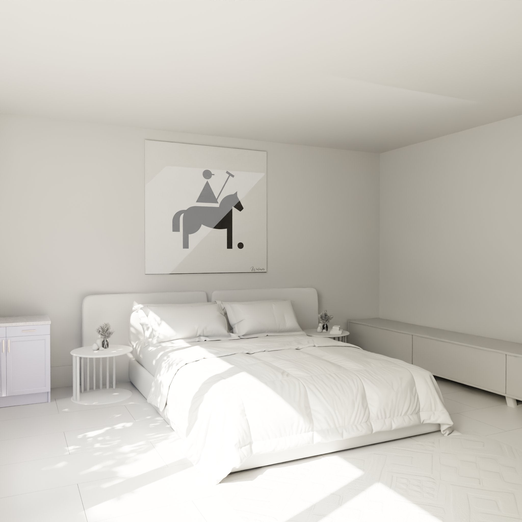 Bedroom decor with modern geometric polo canvas in black and white minimalist style