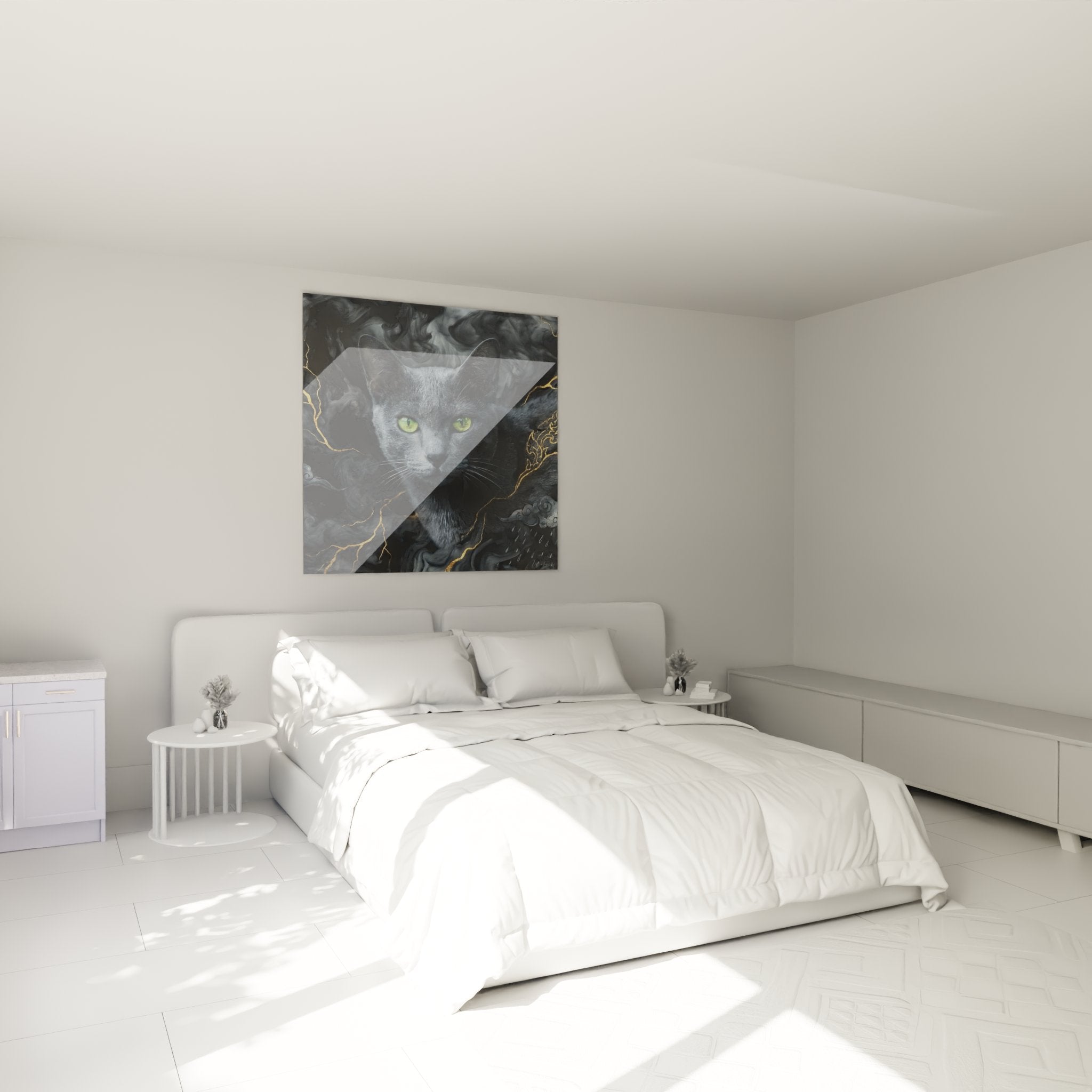 Décoration chambre tableau chat Korat mystique sur mur, ambiance apaisante art félin yeux émeraude