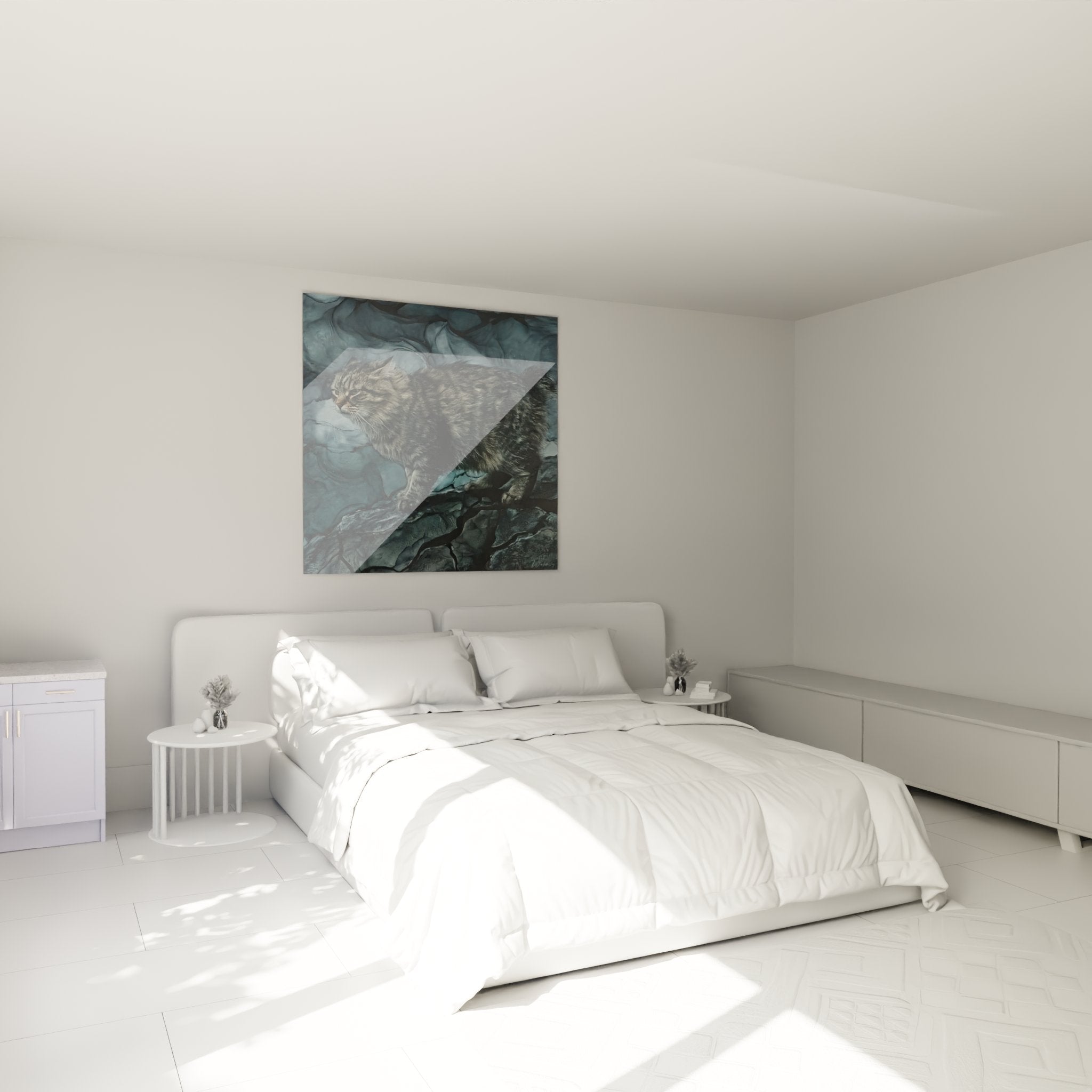 Kurilian Bobtail cat artwork on blue rocks elegantly decorating a modern bedroom
