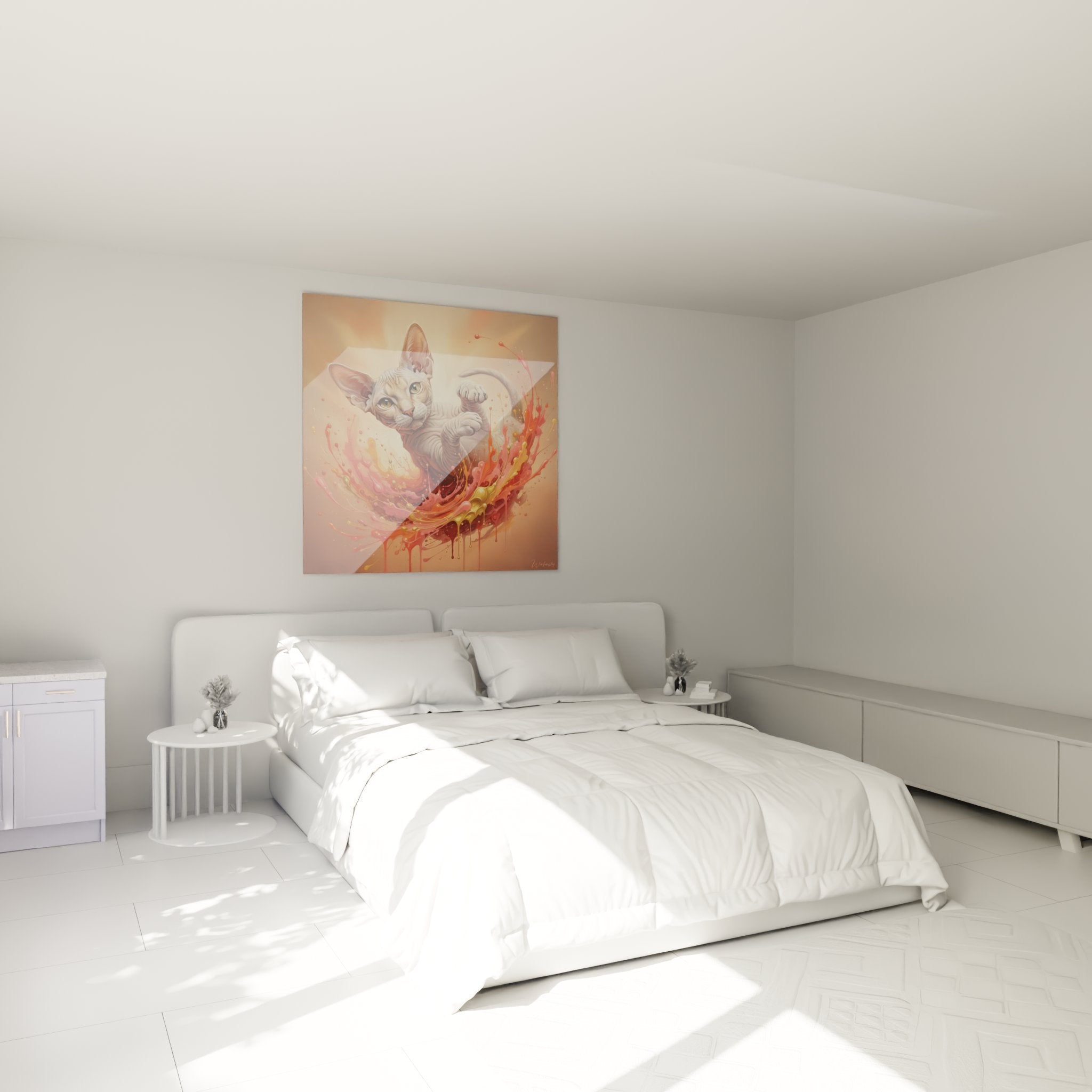Tableau chat Peterbald artistique accroché dans chambre moderne avec décoration murale contemporaine