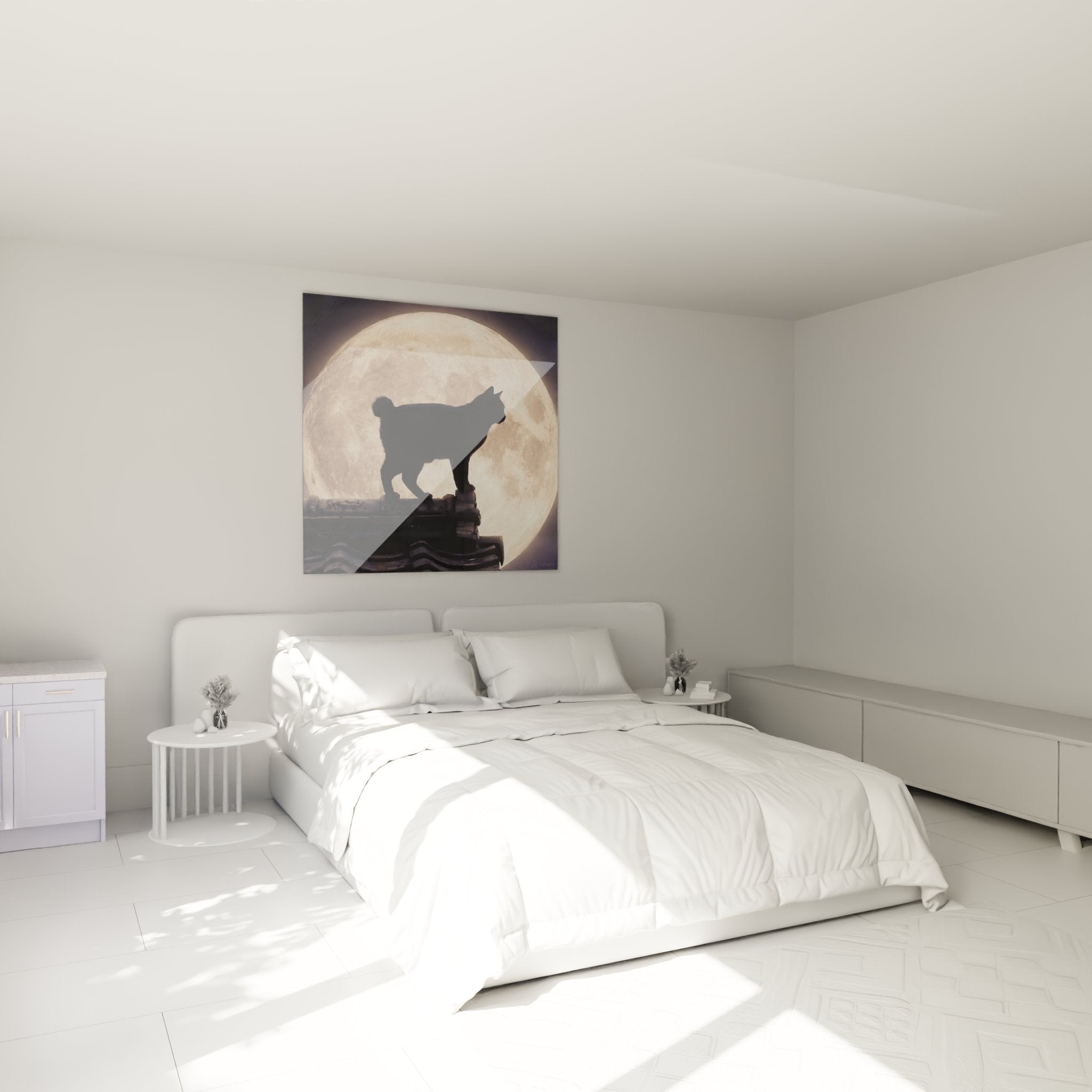 Bedroom decoration with Japanese Bobtail cat moon silhouette painting nocturnal poetic atmosphere