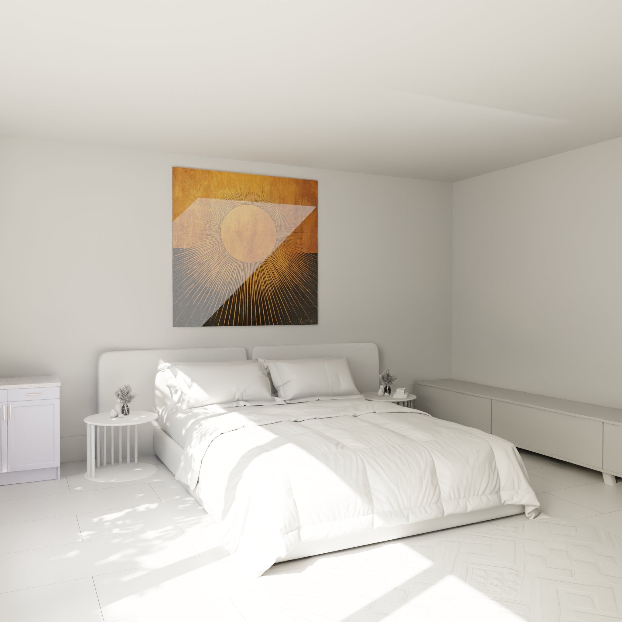 Quadro sole dorato africano in camera moderna, decorazione murale con toni caldi atmosfera zen