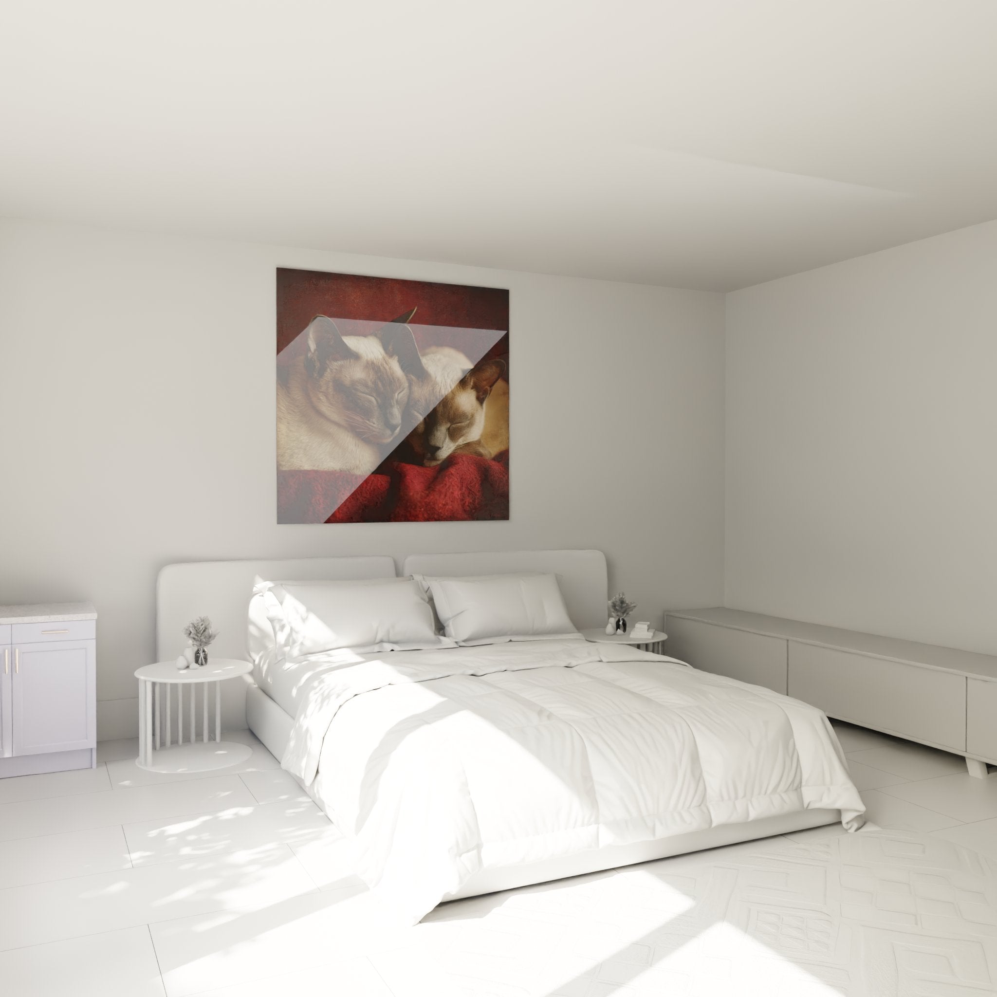 Decorazione murale gatti Tonkinesi intrecciati in camera con atmosfera accogliente, tonalità beige e rosse