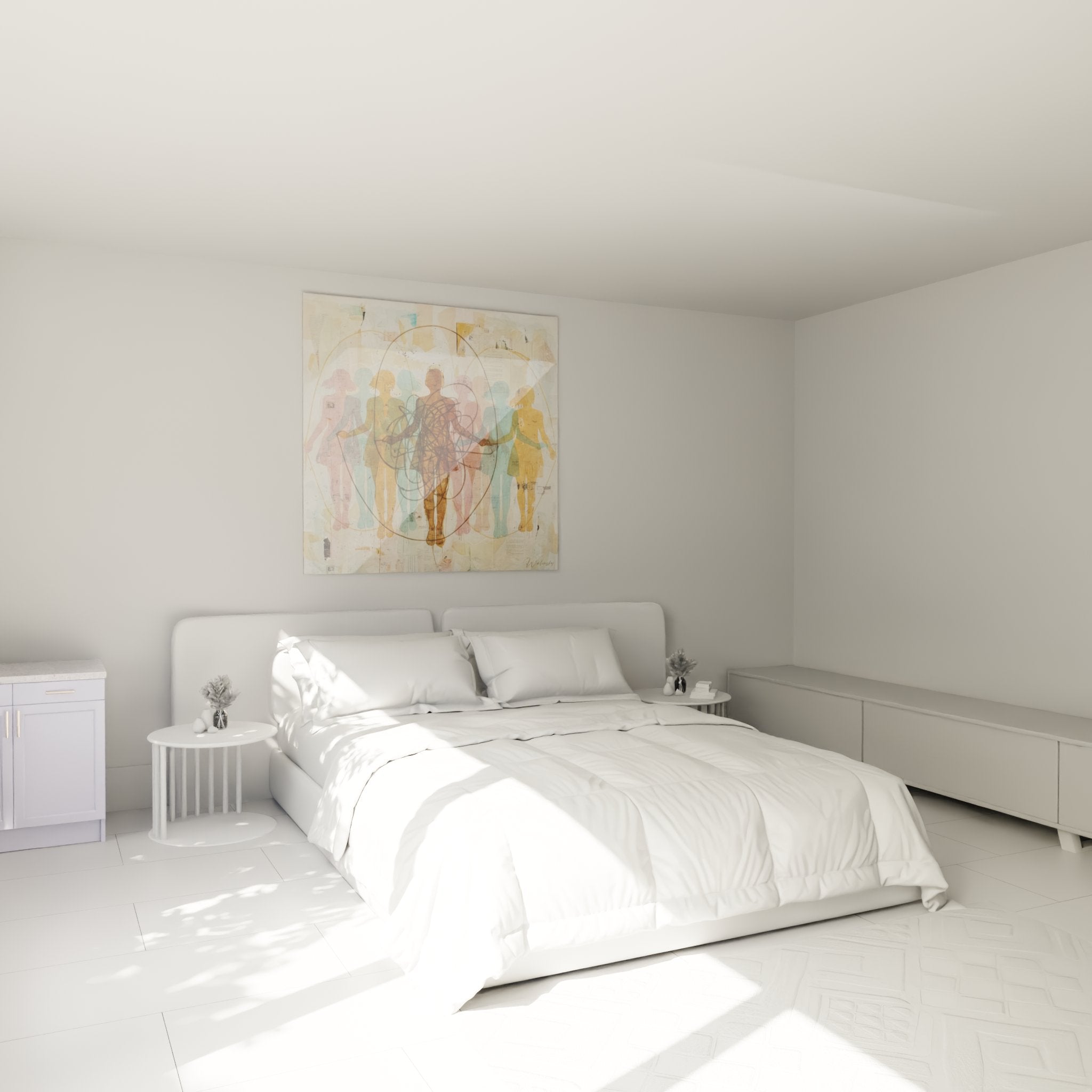 Wall art pastel silhouettes in modern bedroom zen ambiance contemporary art human connection