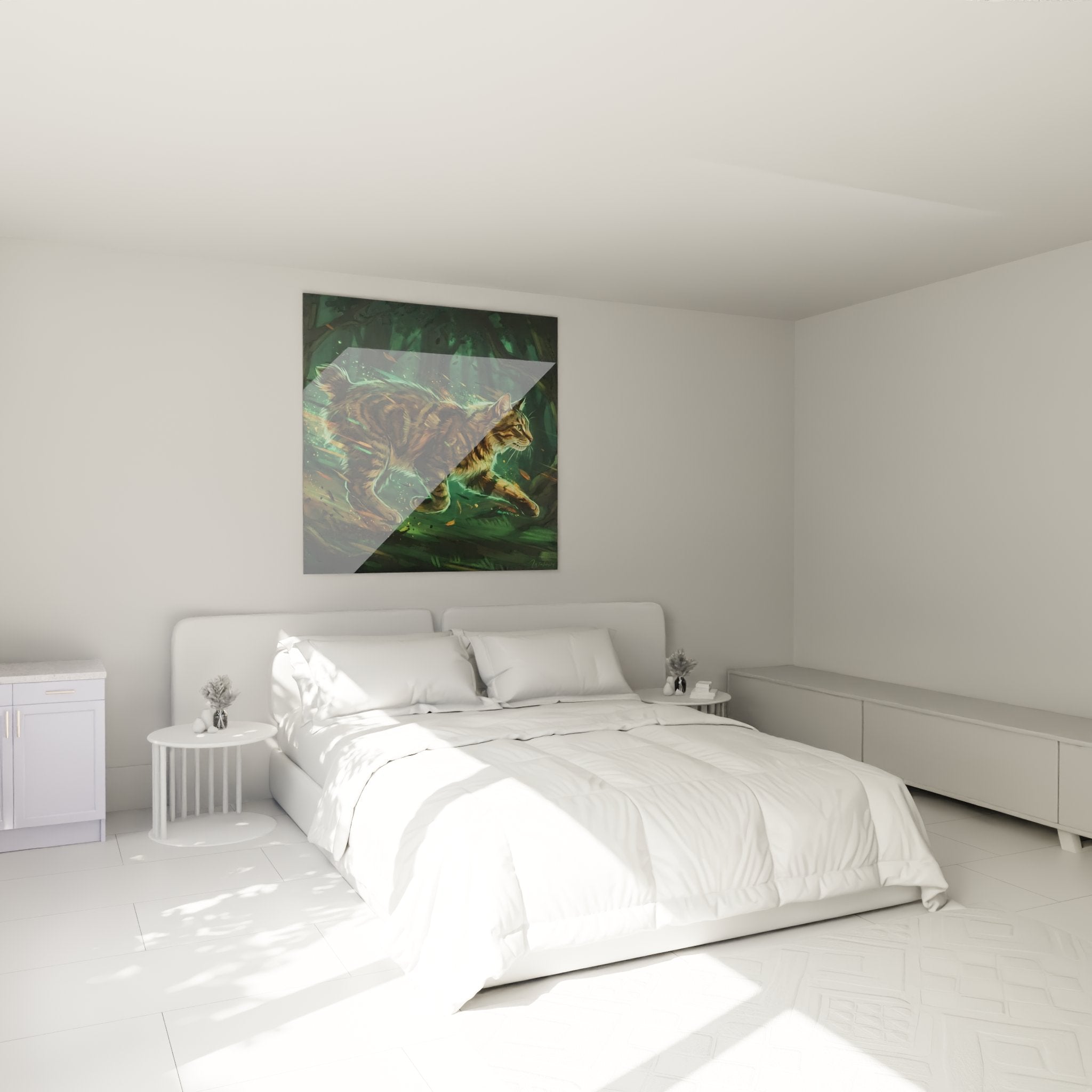 Wall decoration bedroom with American Bobtail cat magic painting with green reflections in modern interior