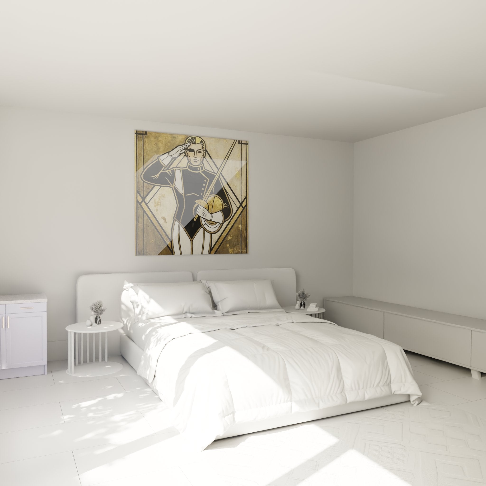 Decorazione murale scherma Art Déco in camera moderna con schermidore elegante nei toni oro e nero