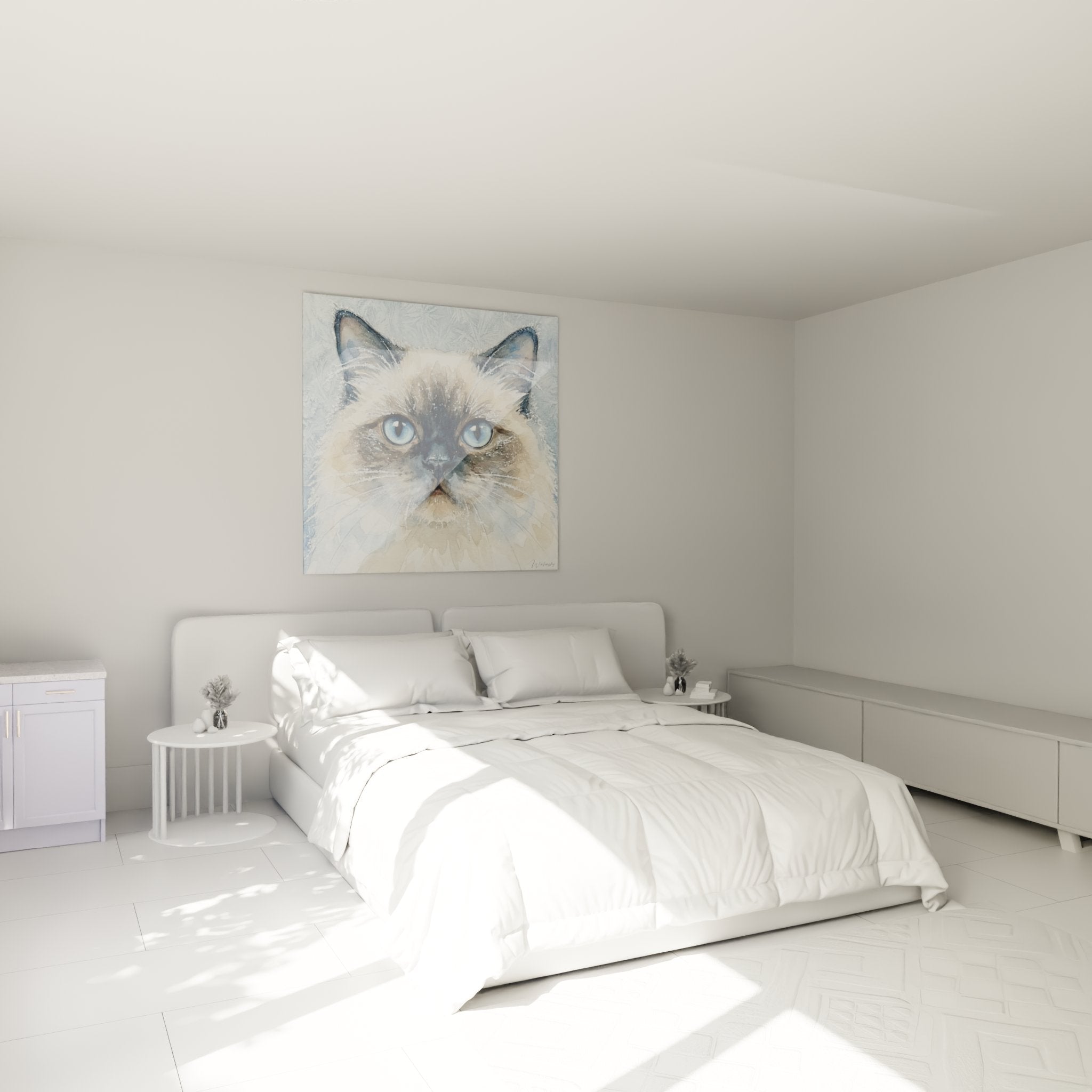 Tableau chat Himalayan yeux bleus dans chambre moderne, décoration murale artistique style aquarelle