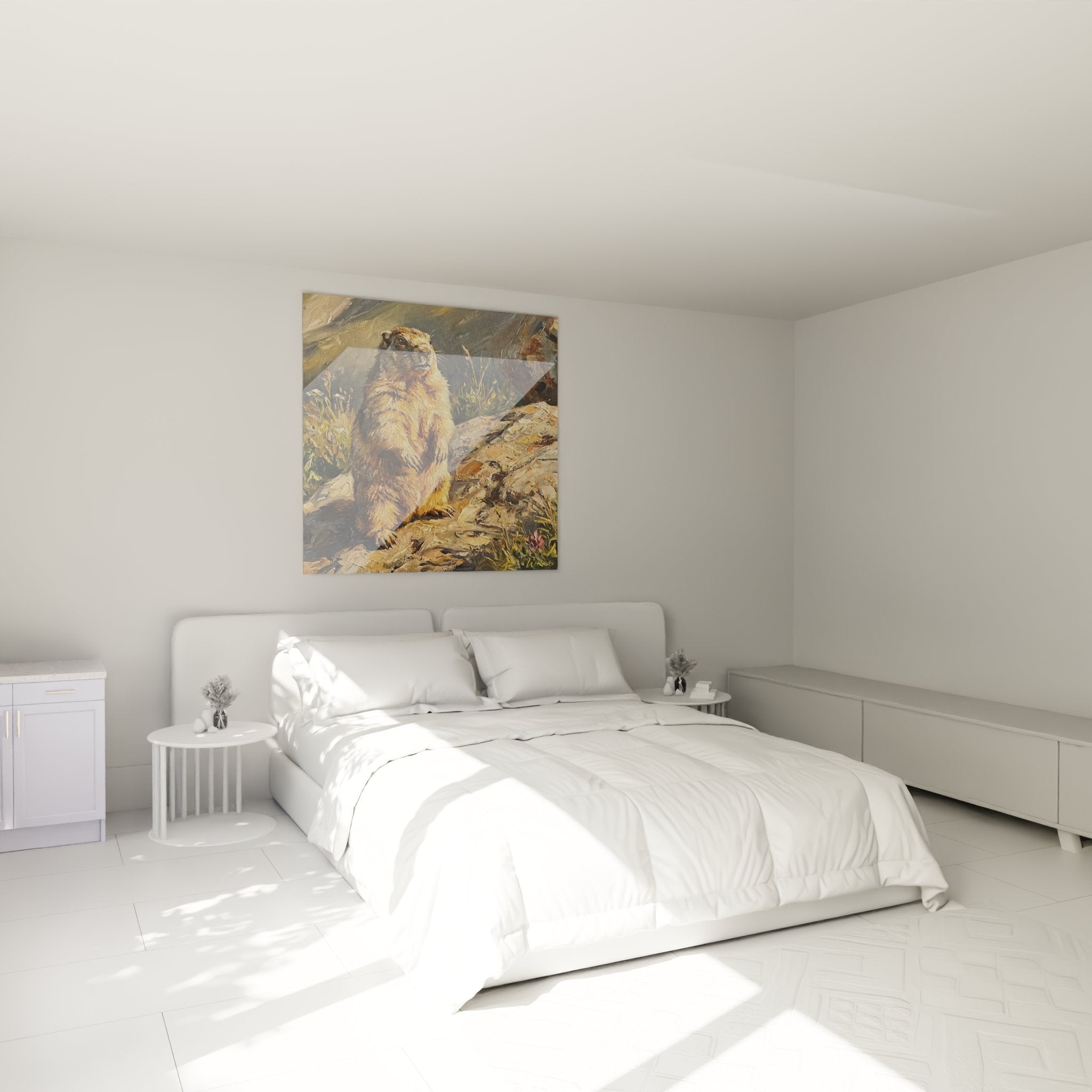 Wanddekoration Alpenmurmeltier in modernem Schlafzimmer im Bergstil mit Alpenfauna-Kunstwerk