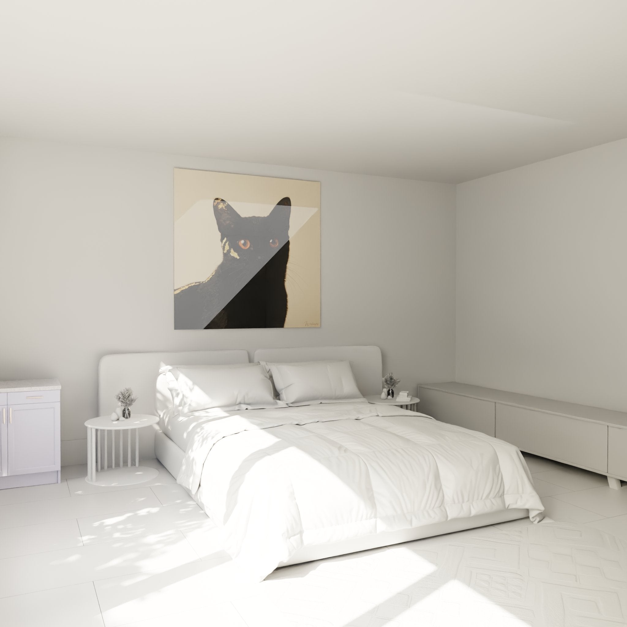 Schwarze und goldene Katze Gemälde dekoriert modernes Schlafzimmer - felinas Wandkunstwerk in zeitgenössischem Interieur