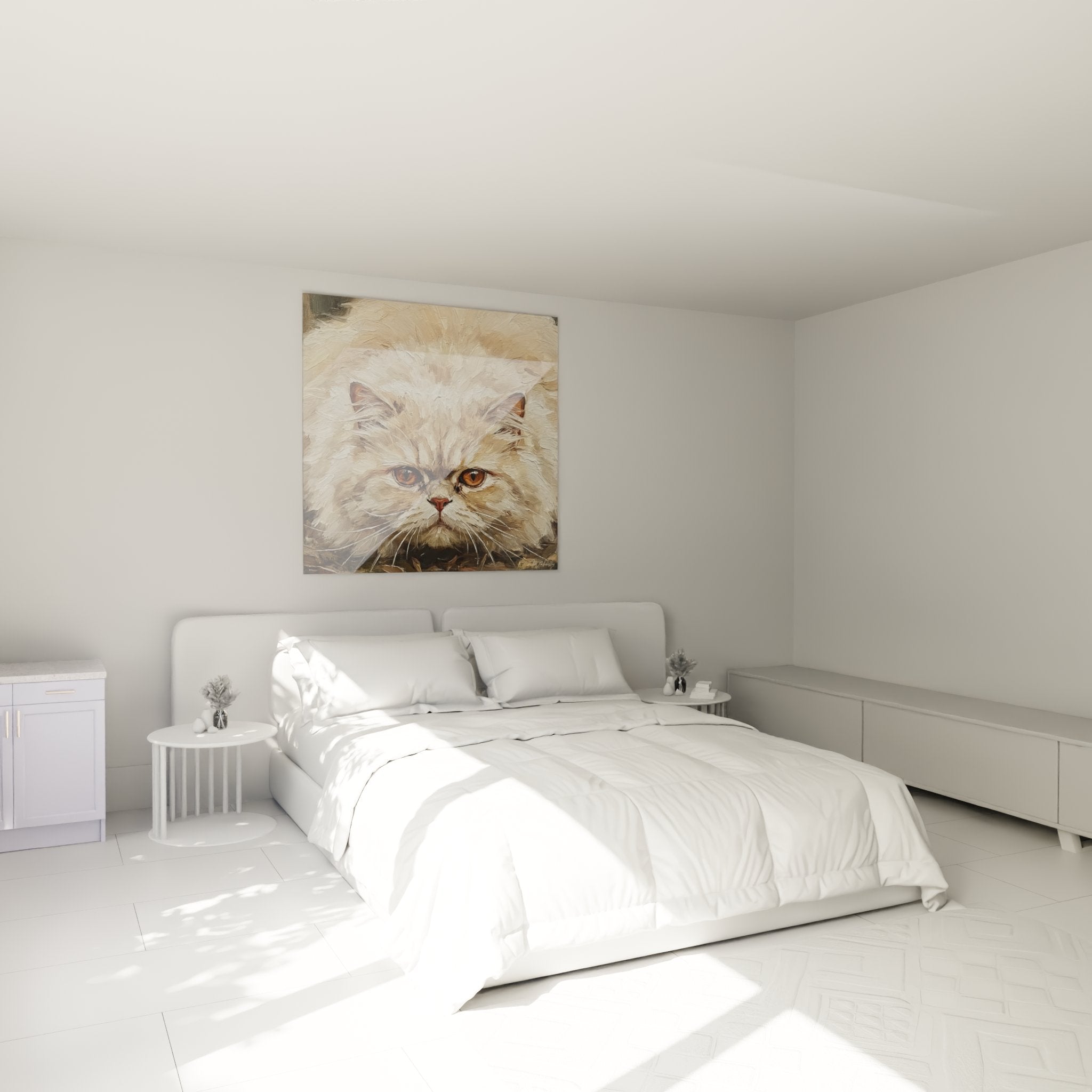 Tableau chat Persan décoratif accroché dans chambre moderne, art mural félin impressionniste