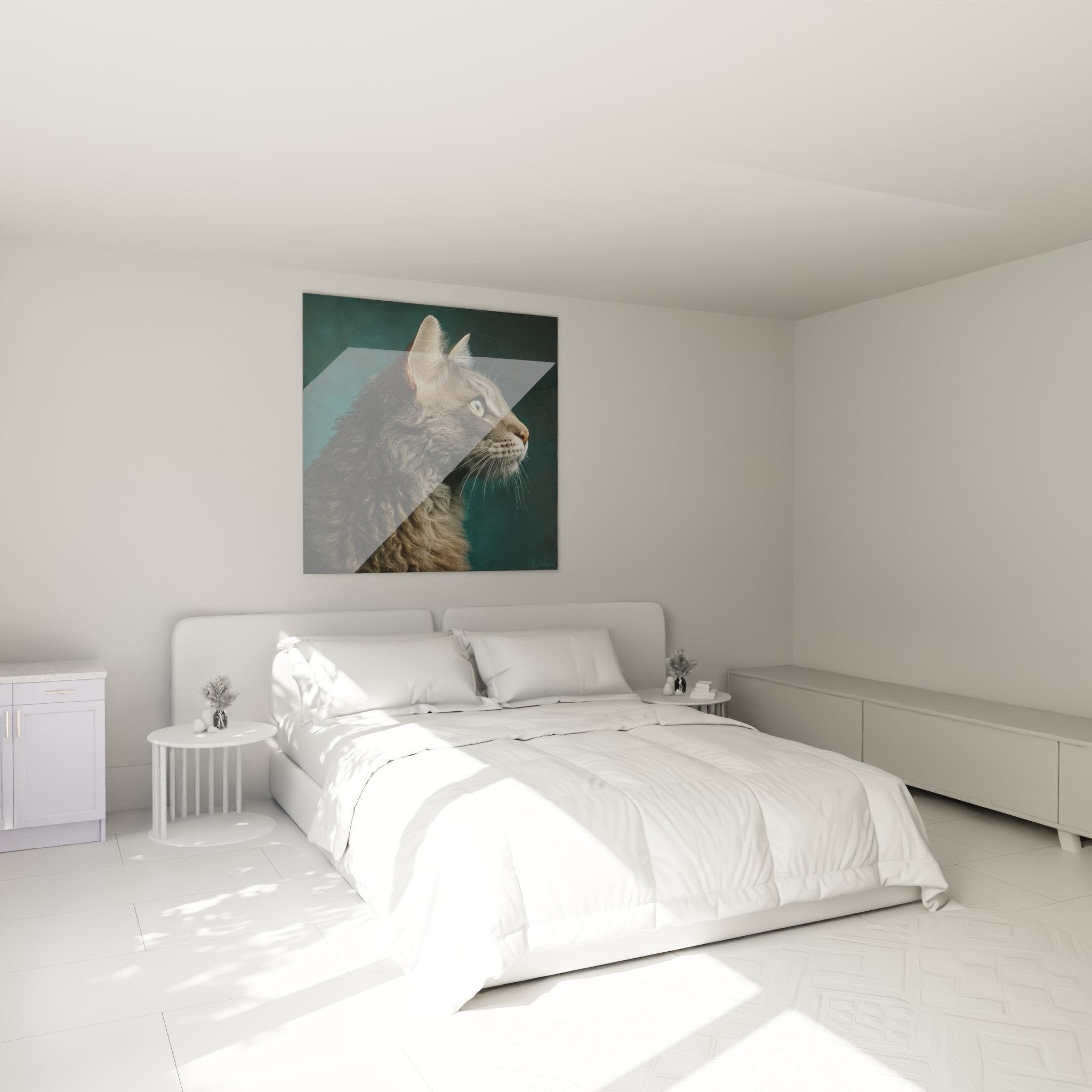 Quadro ritratto gatto LaPerm appeso in una camera moderna con decorazione murale contemporanea