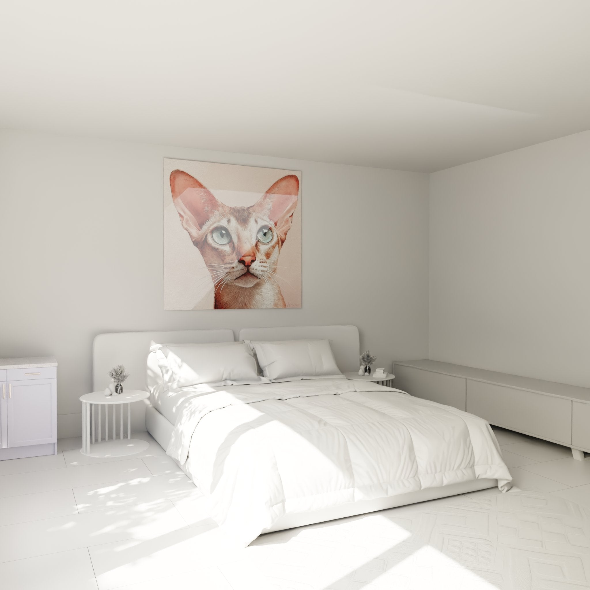 Tableau chat Singapura yeux bleus décorant une chambre moderne ambiance douce et apaisante