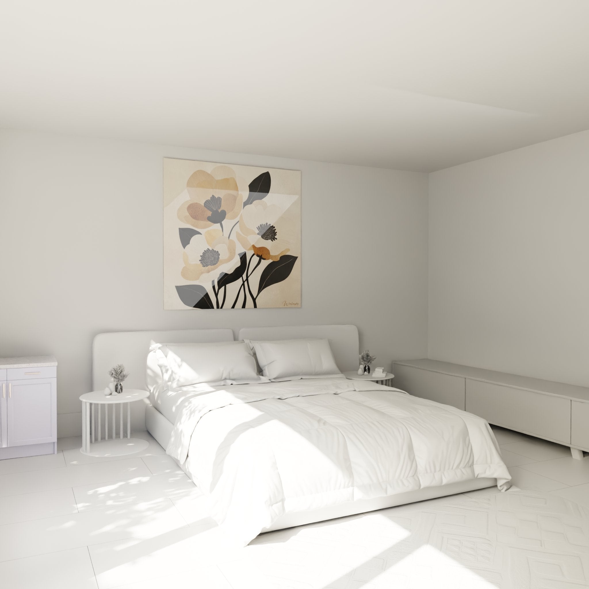 Quadro fiori art deco in camera moderna, decorazione murale beige e nero sopra il letto