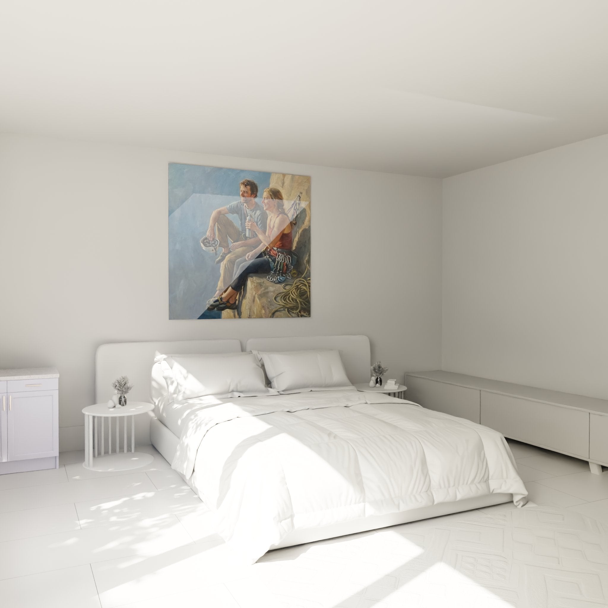 Wall decoration bedroom with climbing painting showing two climbers resting on rock face