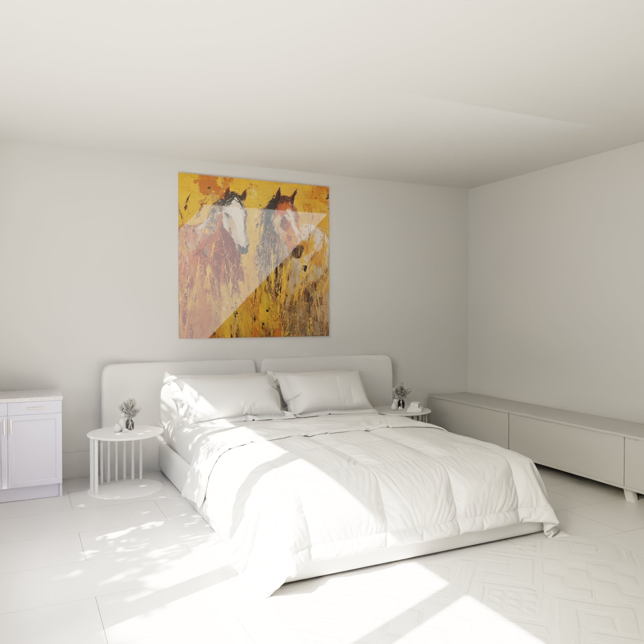 Gemälde wilde Pferde Camargue im Schlafzimmer authentische Wanddekoration warme Ocker-Töne