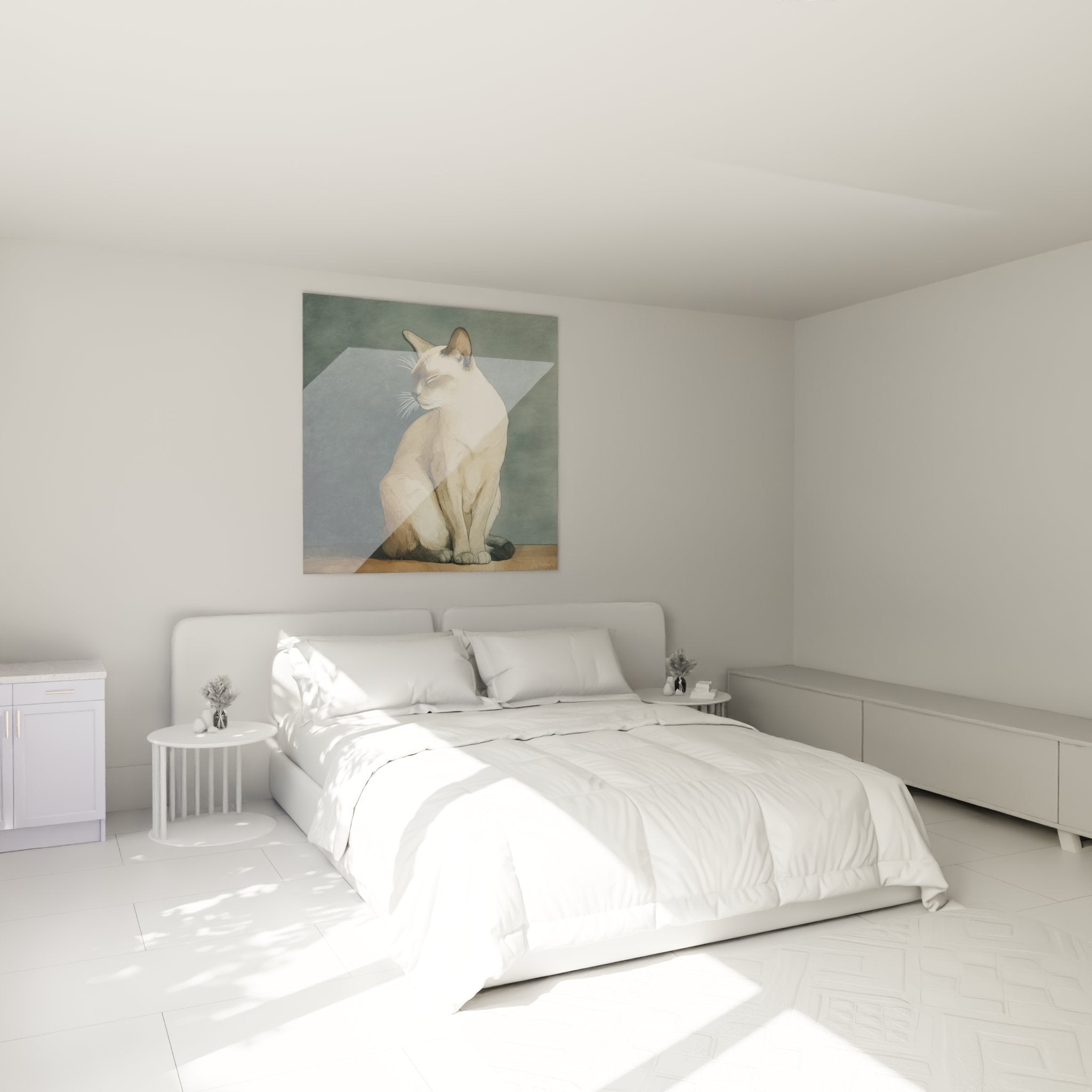 Quadro gatto tonkinese contemplativo che decora una camera moderna con toni neutri e rilassanti