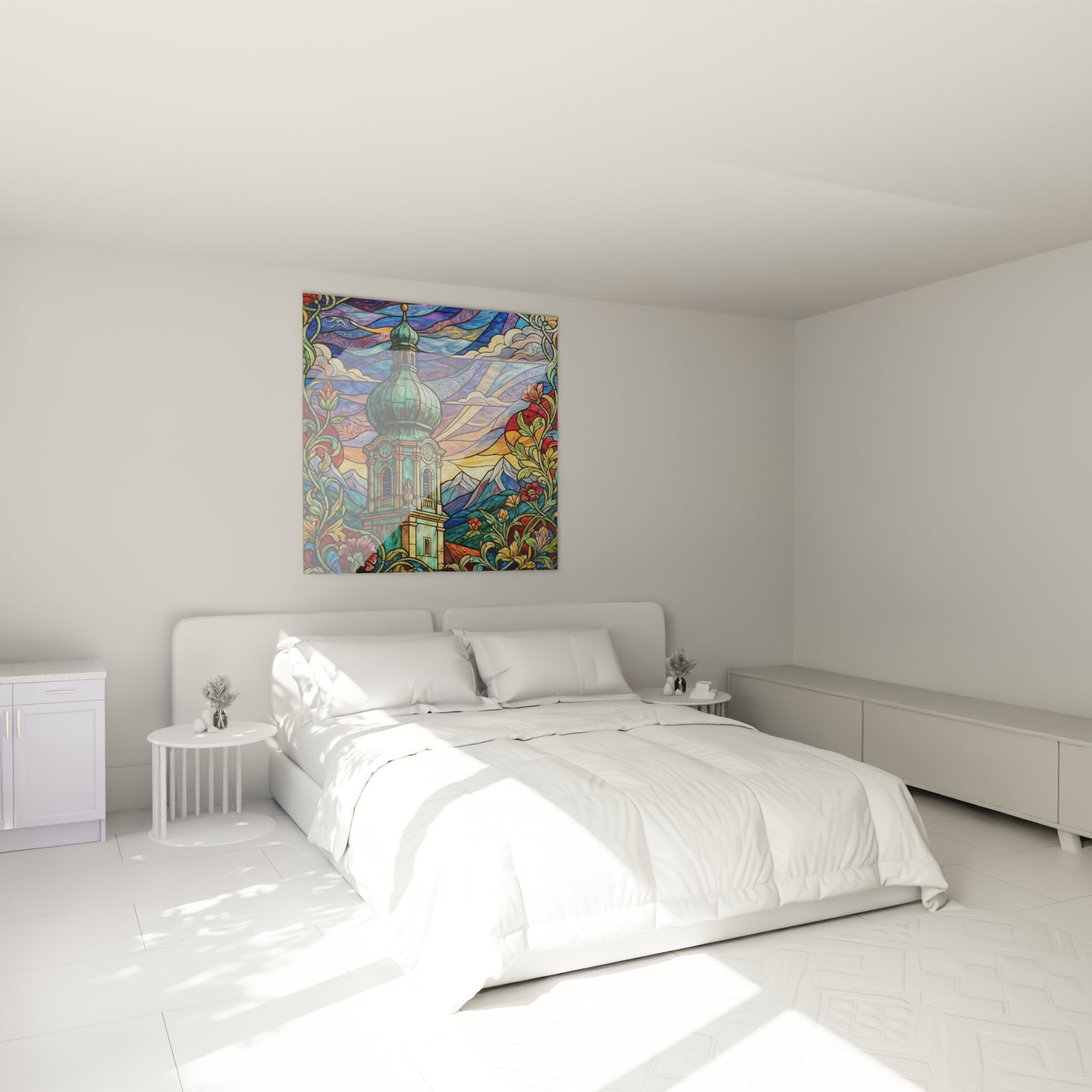 Quadro chiesa alpina vetrata colorata in camera decorazione murale montana art nouveau