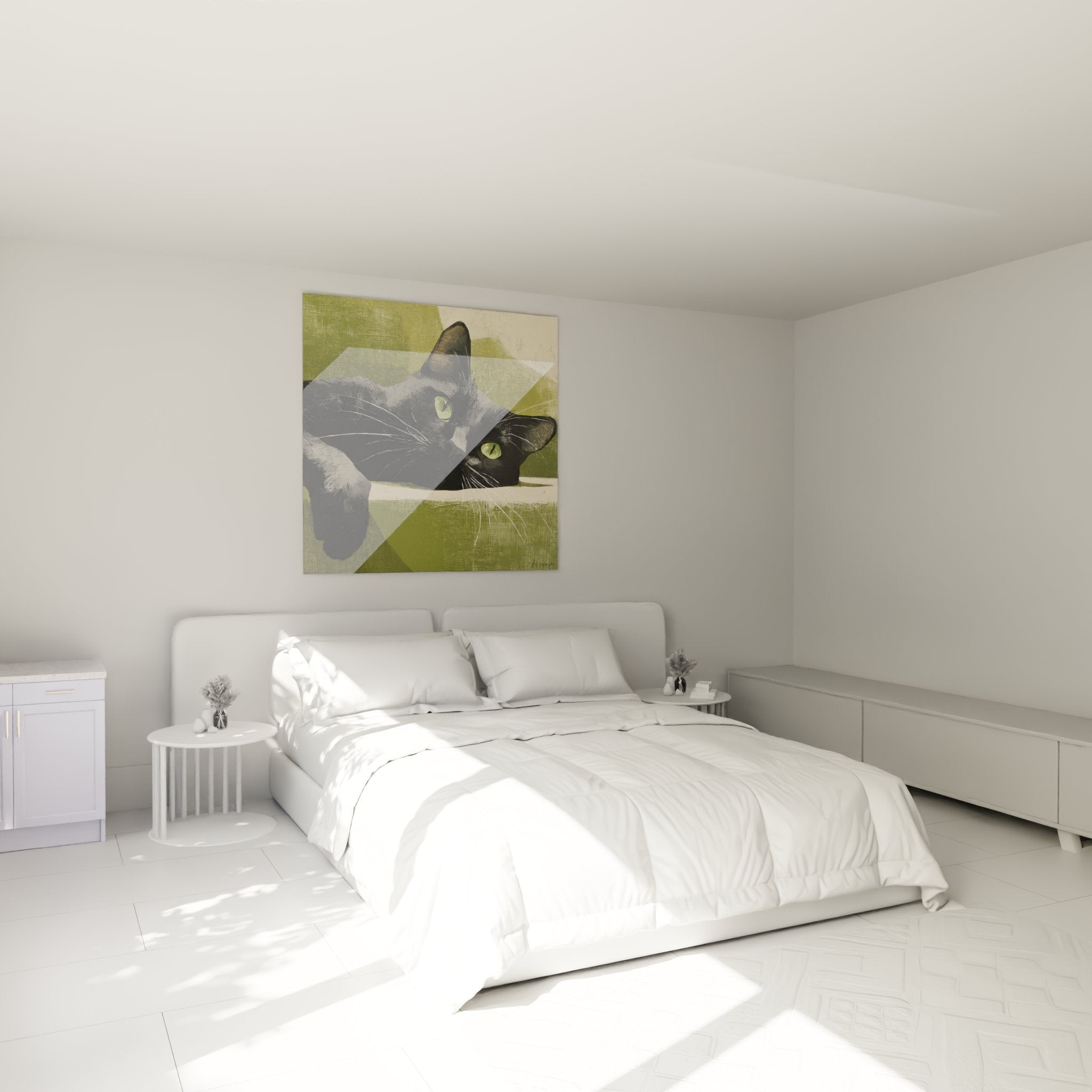 Décoration murale chat noir dans une chambre moderne, tableau Bombay aux yeux verts perçants