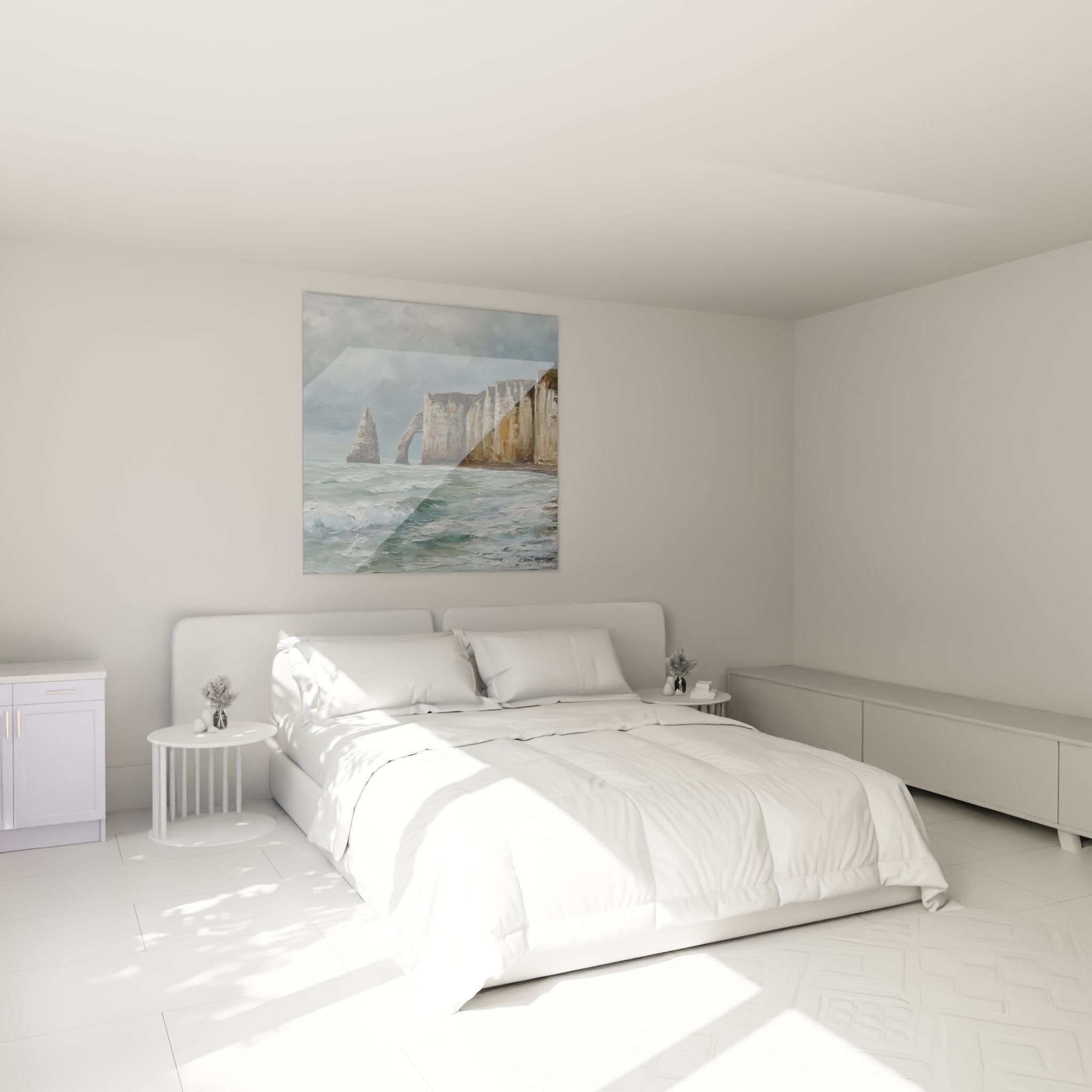 Decorazione murale camera quadro scogliere Etretat Normandia atmosfera marittima tranquilla blu bianco