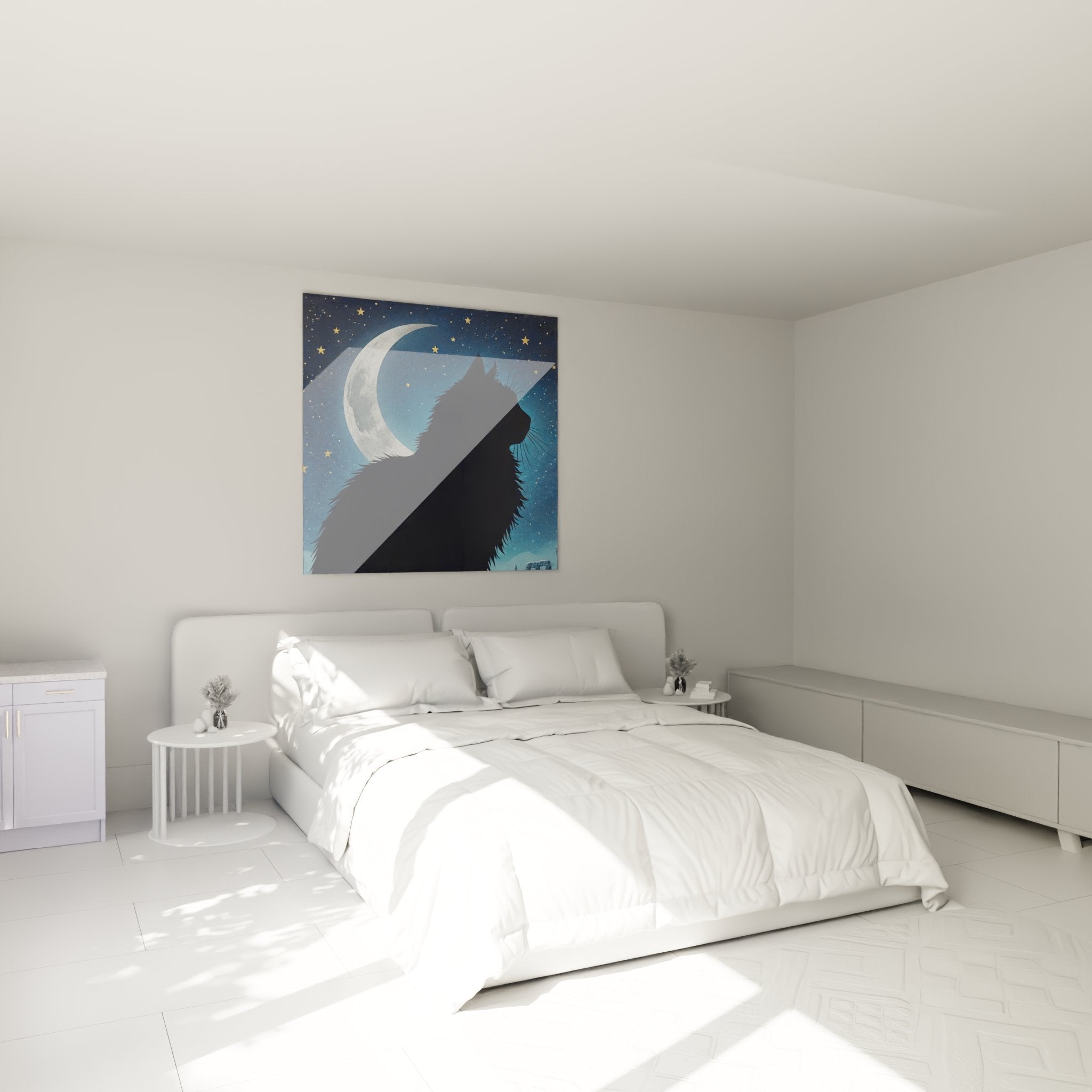 Nocturnal cat painting moon stars bedroom decor soothing ambiance Norwegian Forest Cat silhouette
