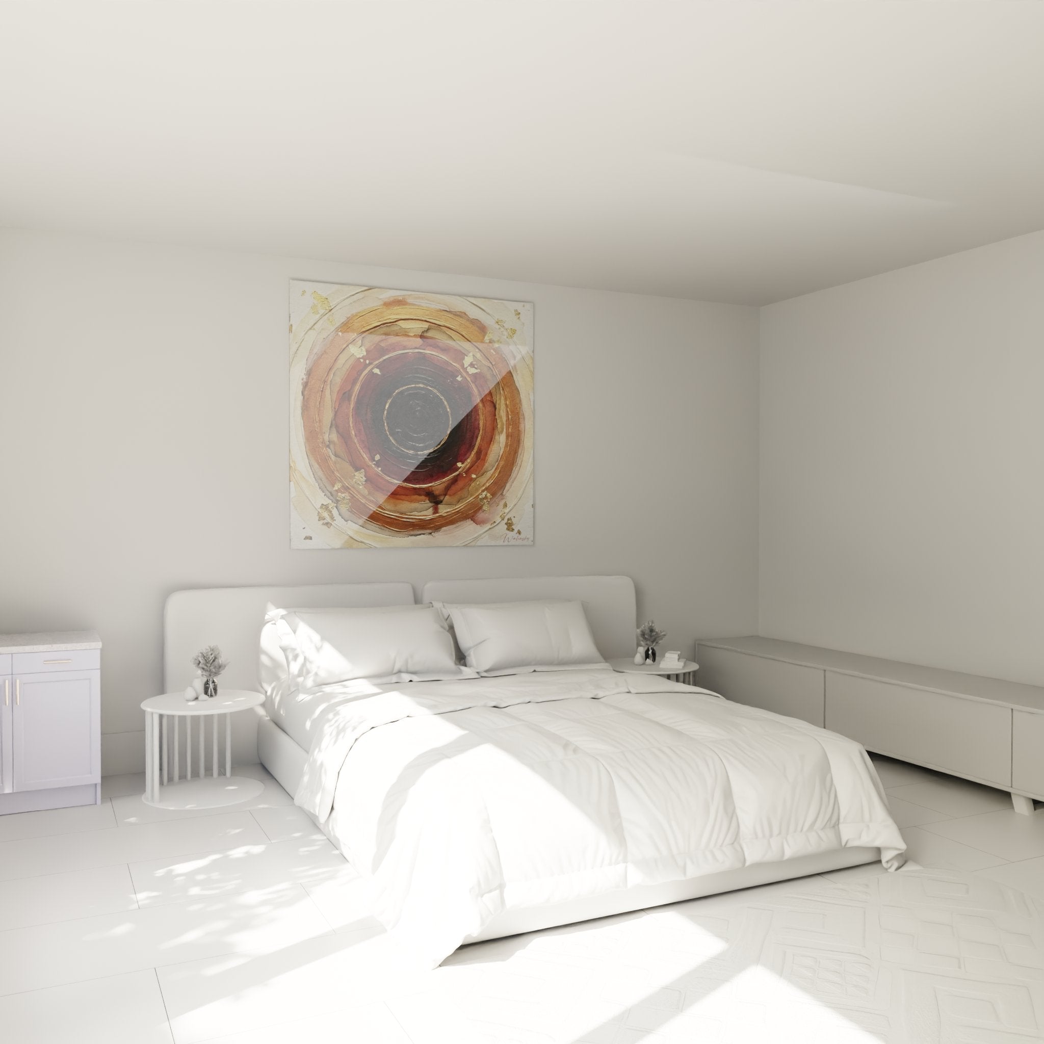 Golden spiral wall art in modern bedroom - contemporary mural decoration