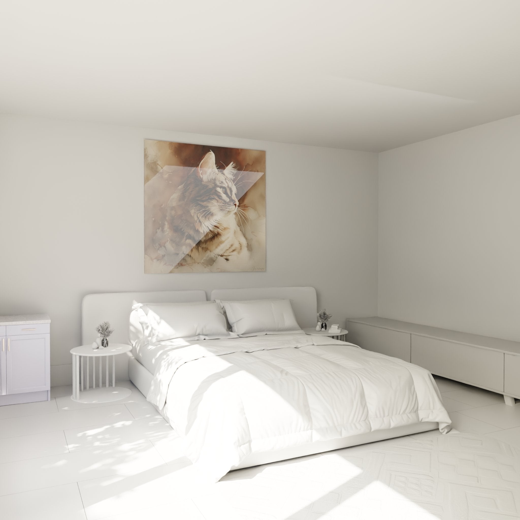 Décoration murale chambre avec tableau chat American Bobtail roux lumière chaude ambiance cosy