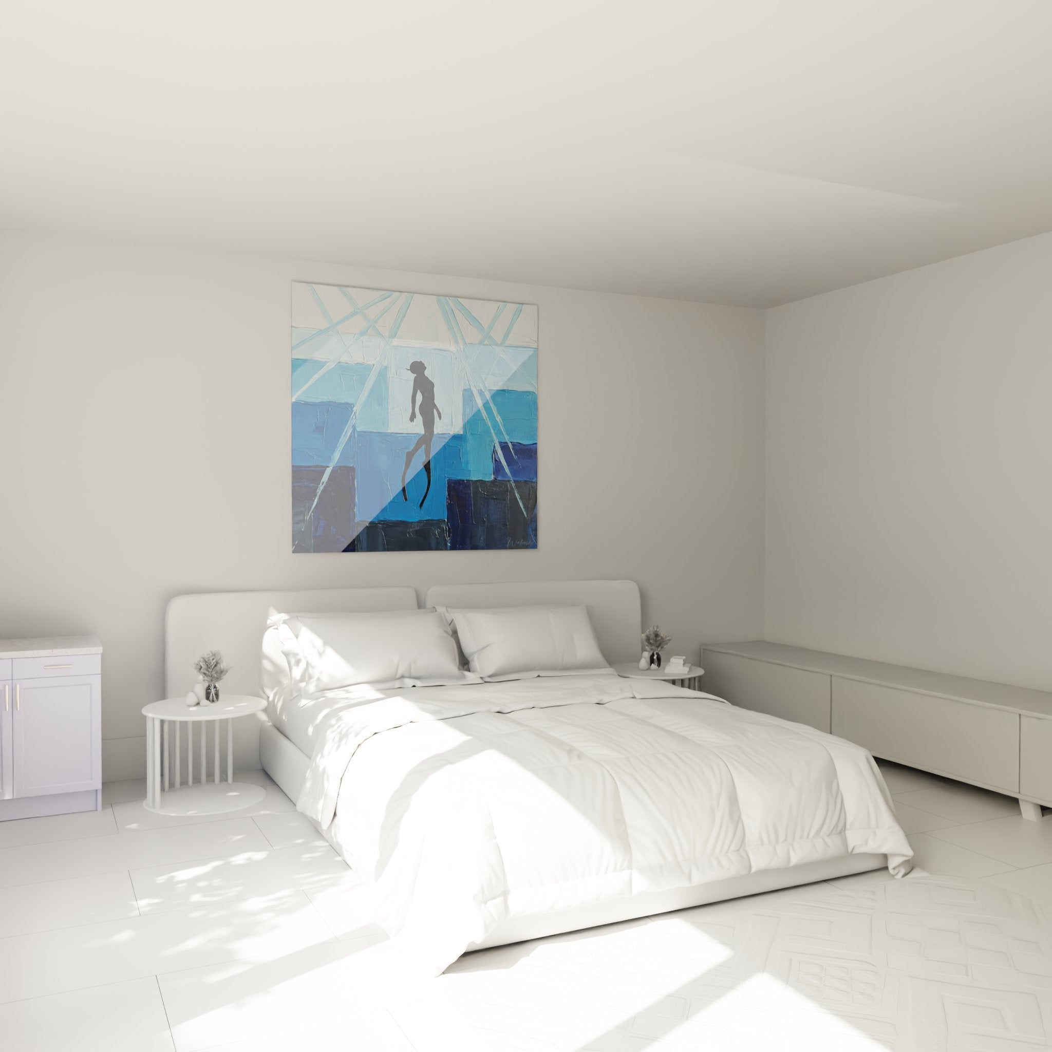 Wall decoration dive with diver silhouette in modern bedroom with soothing blue tones