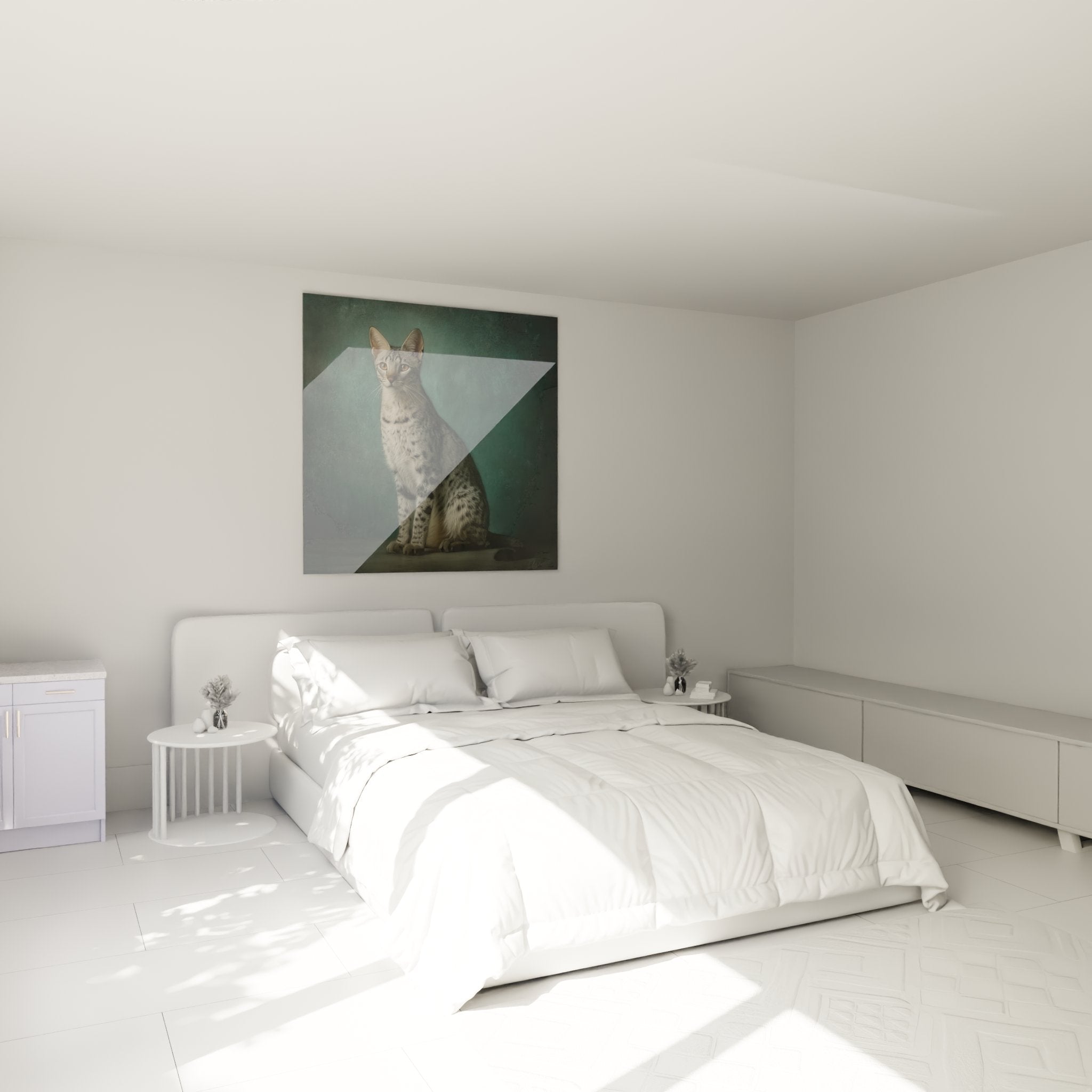 Tableau chat Savannah décorant chambre moderne ambiance apaisante art mural félin élégant